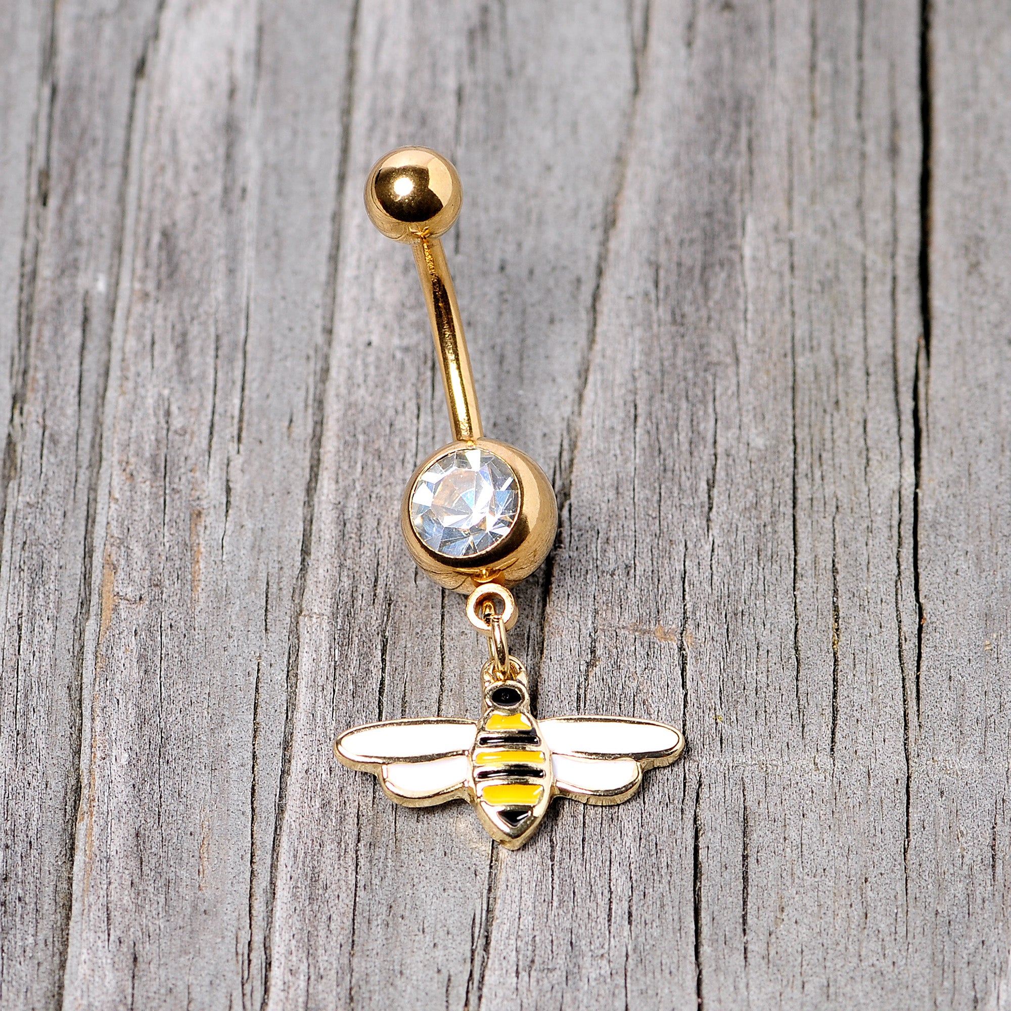 Clear Gem Gold Tone Striped Bee Dangle Belly Ring