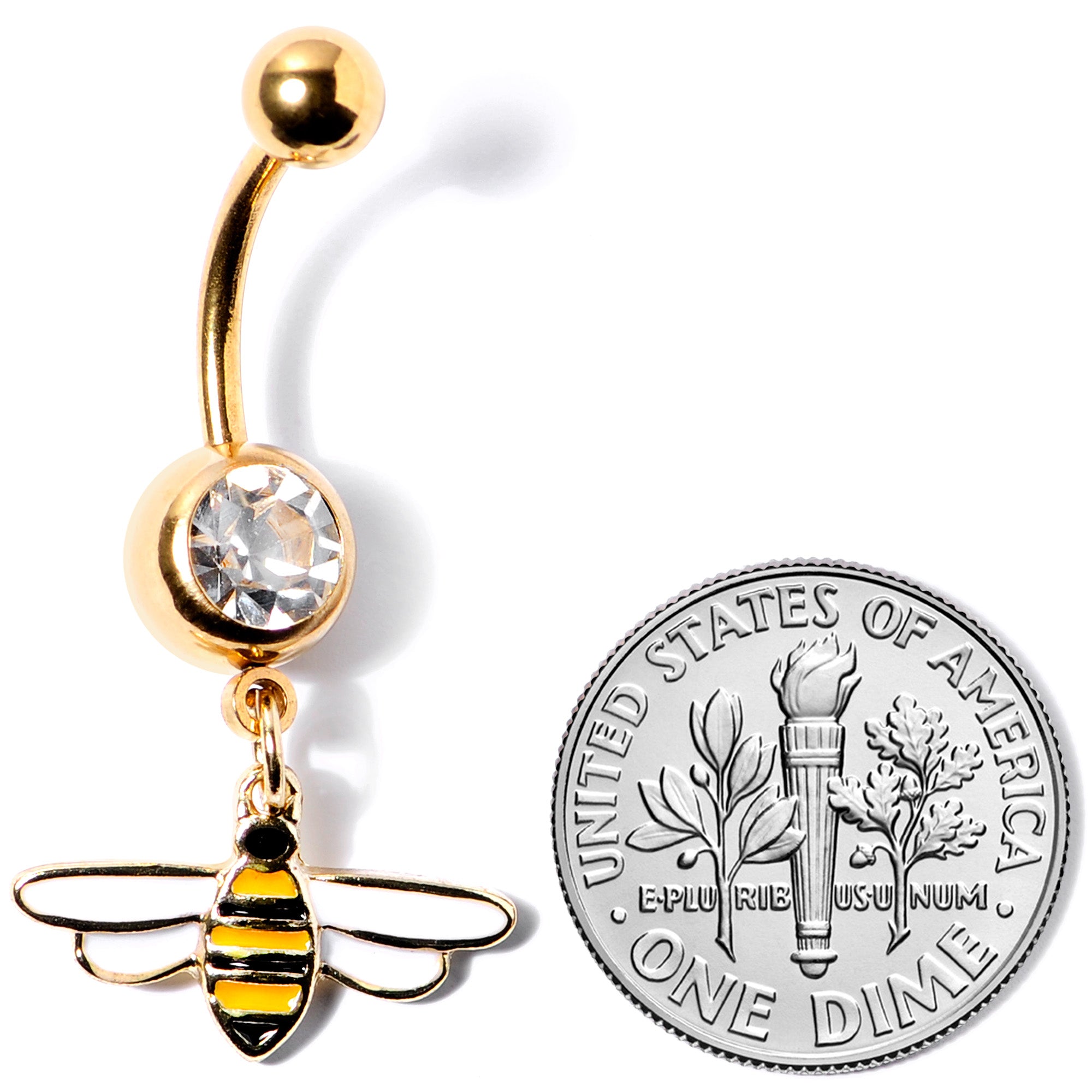 Clear Gem Gold Tone Striped Bee Dangle Belly Ring