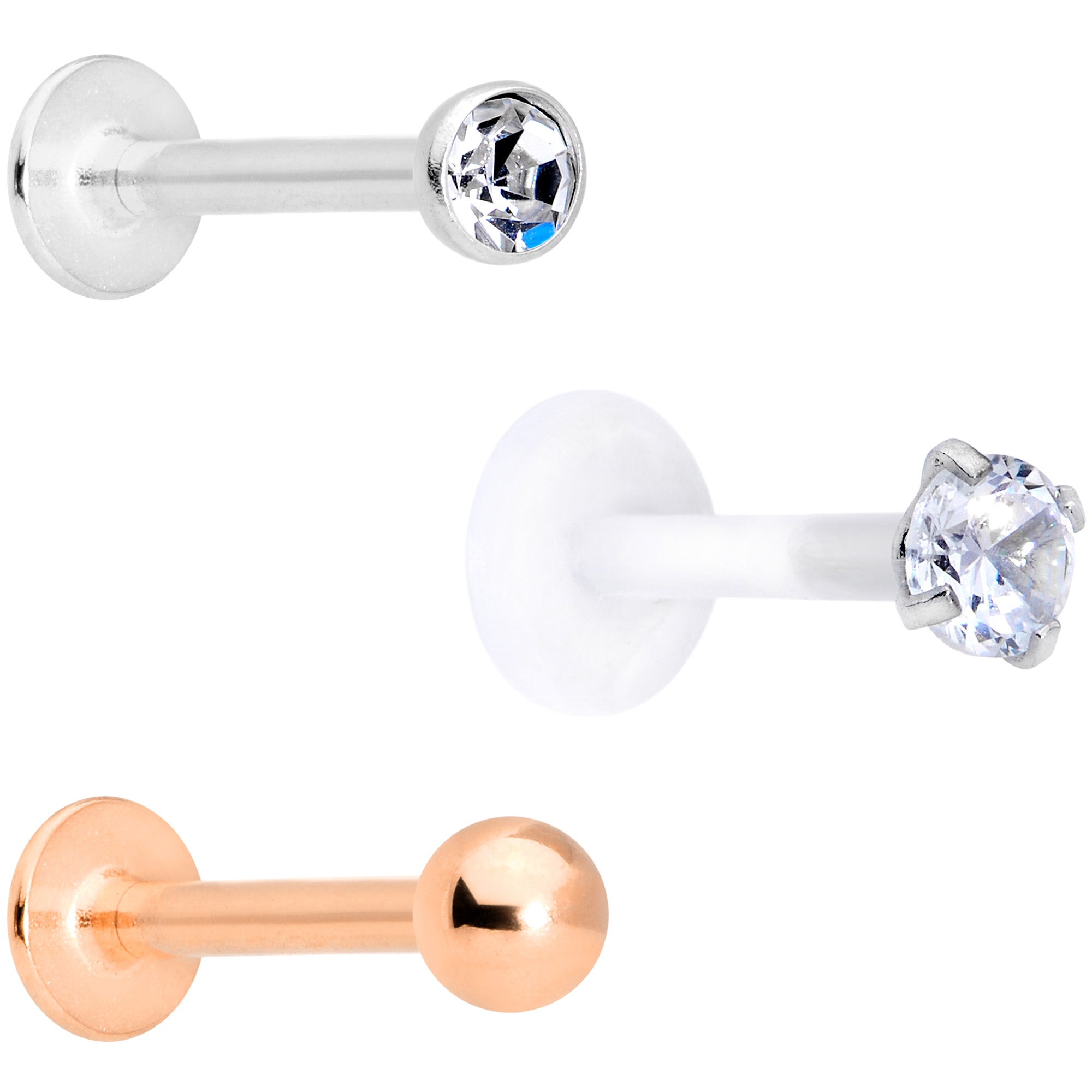 16 Gauge 5/16 Clear CZ Gem Rose Gold Tone Bioplast Labret Set of 3