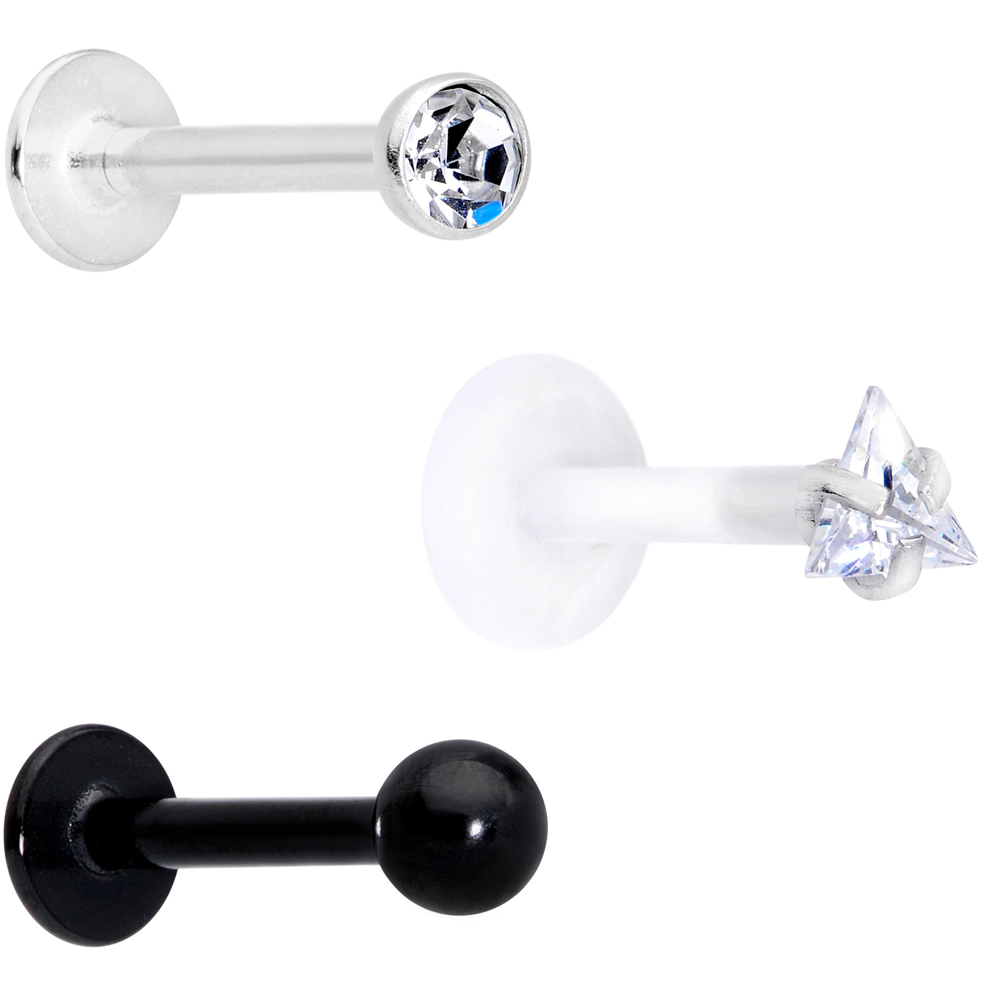 16 Gauge 5/16 Clear CZ Gem Bioplast Black Labret Tragus Set of 3