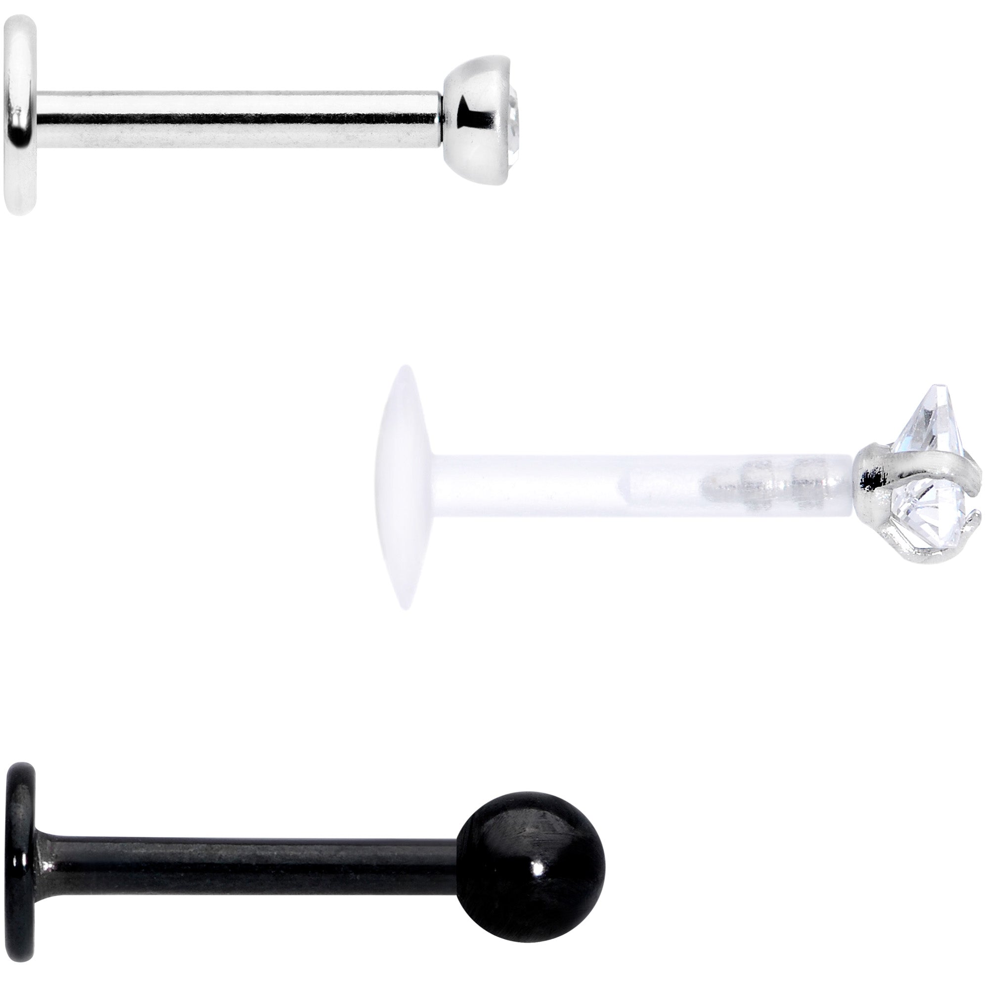 16 Gauge 5/16 Clear CZ Gem Bioplast Black Labret Tragus Set of 3