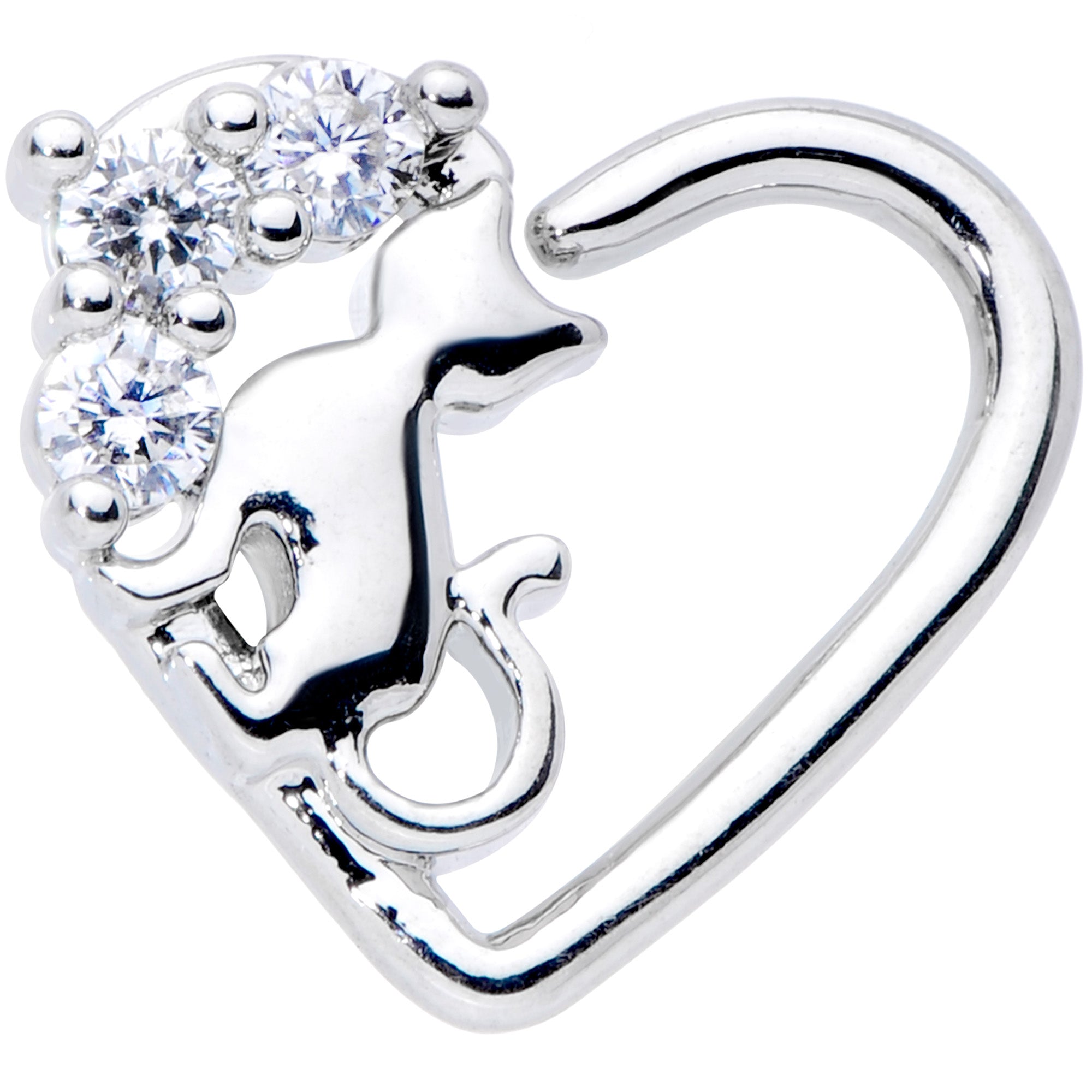 16 Gauge 3/8 Clear CZ Gem Cat Heart Right Ear Closure Ring