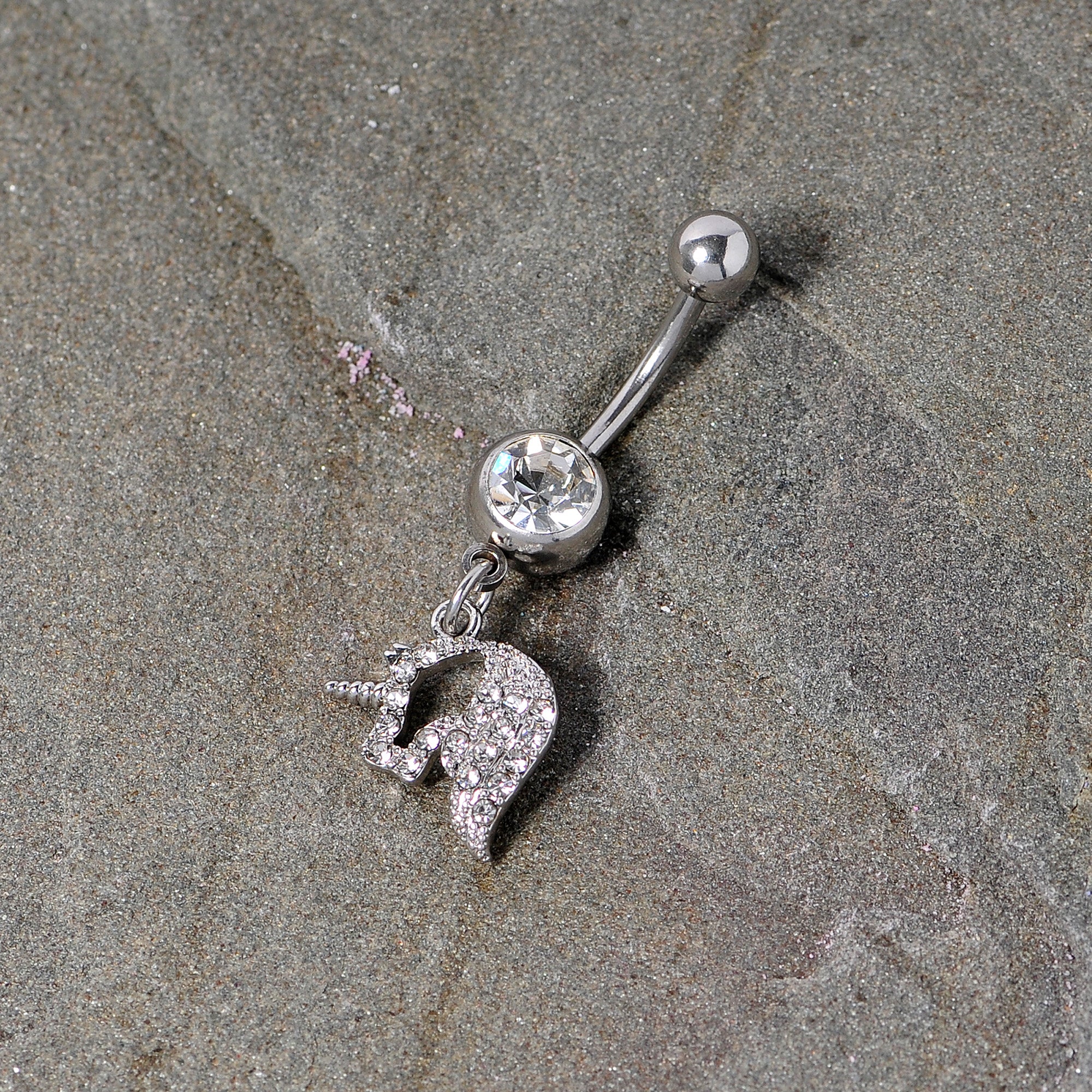 Clear Gem Silhouette Unicorn Dangle Belly Ring