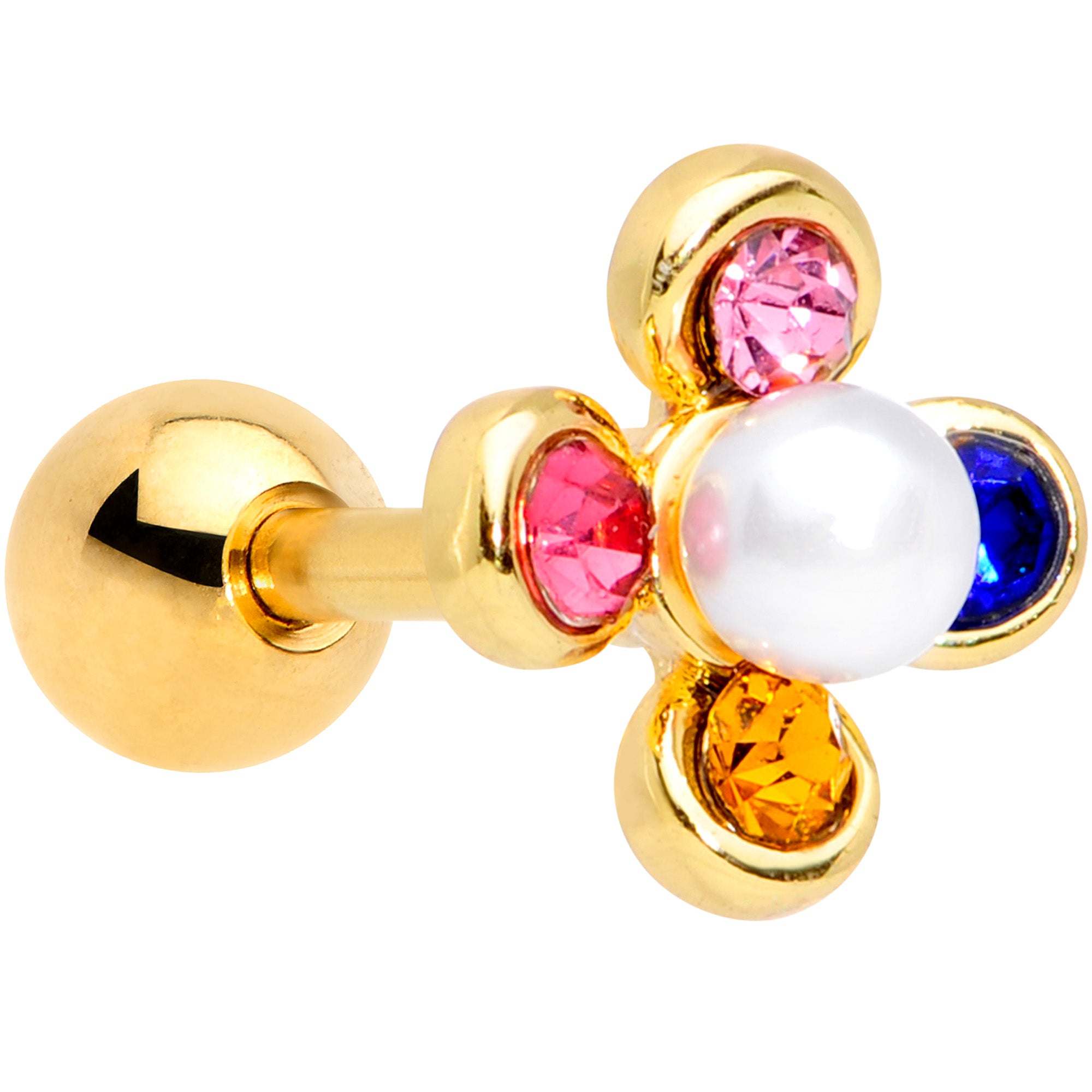 16 Gauge 1/4 Pink Blue Gem Gold Tone Flower Cartilage Tragus Earring