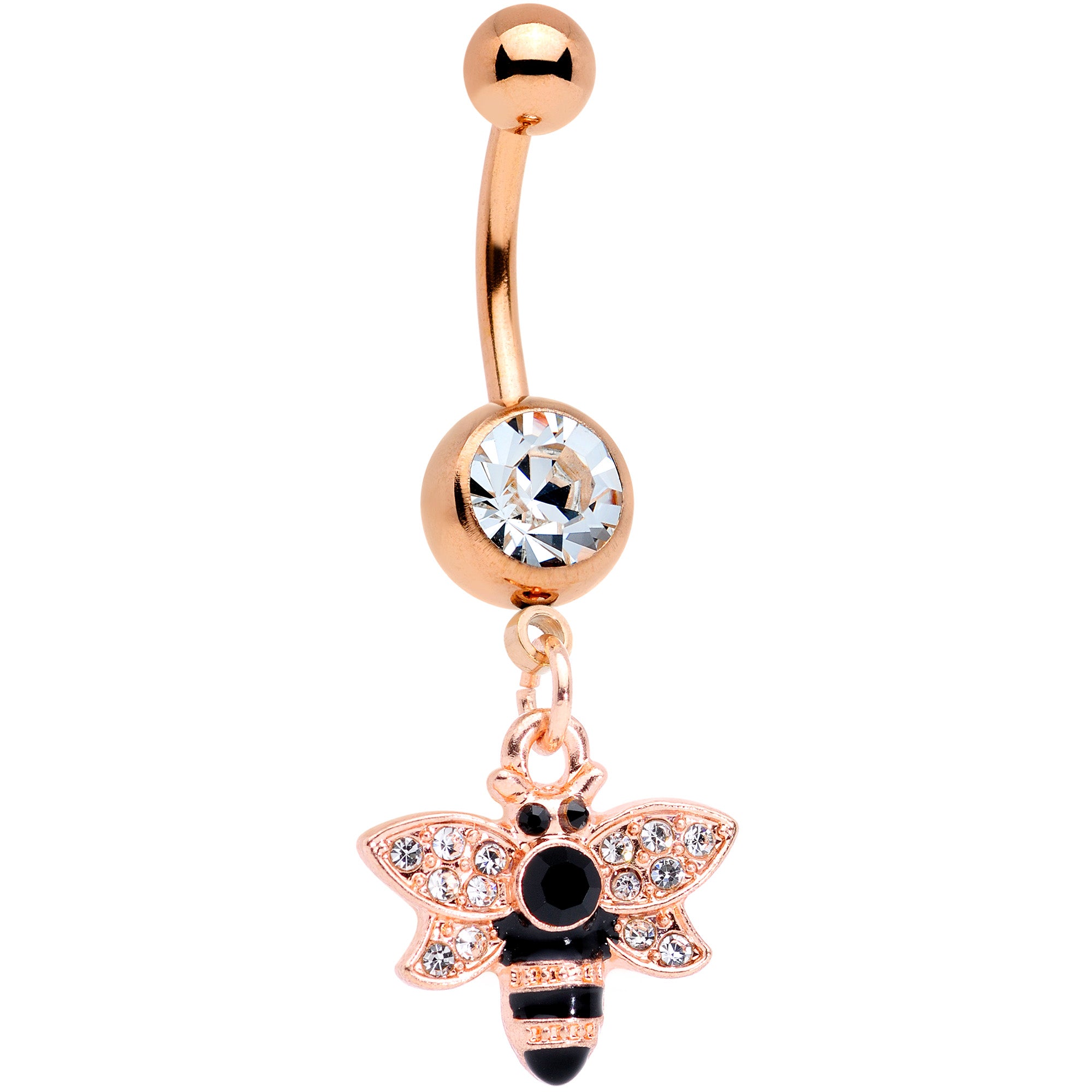 Black Clear Gem Rose Gold Tone Bee Dangle Belly Ring