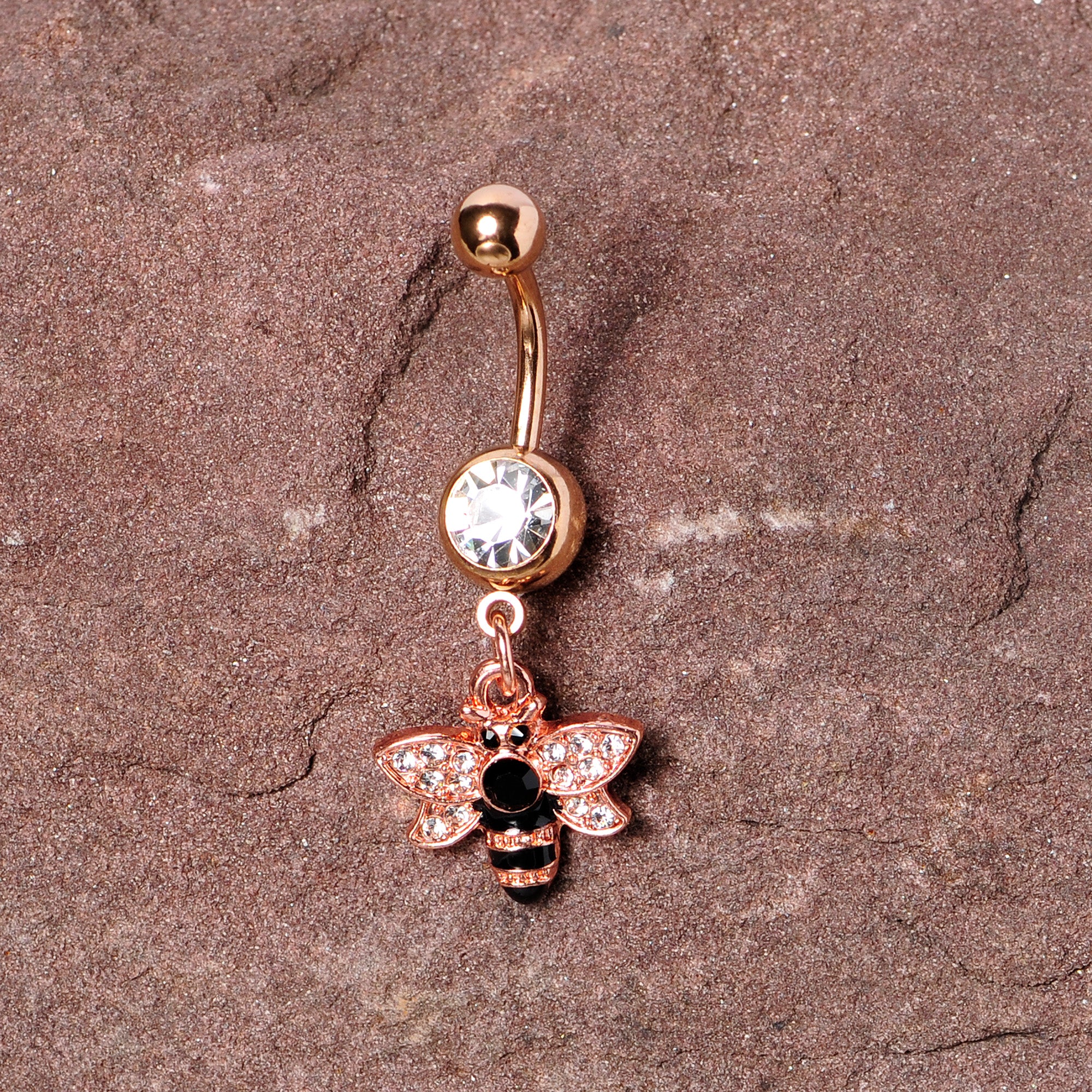 Black Clear Gem Rose Gold Tone Bee Dangle Belly Ring