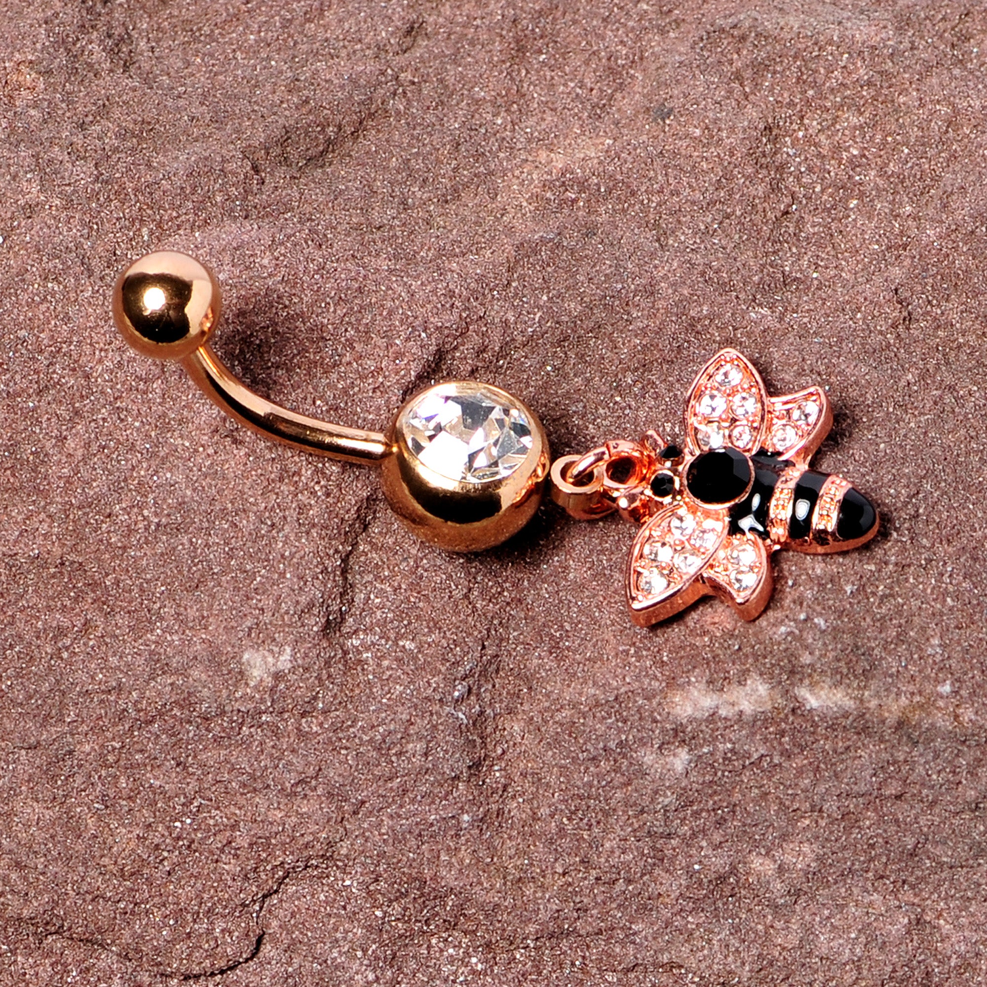 Black Clear Gem Rose Gold Tone Bee Dangle Belly Ring