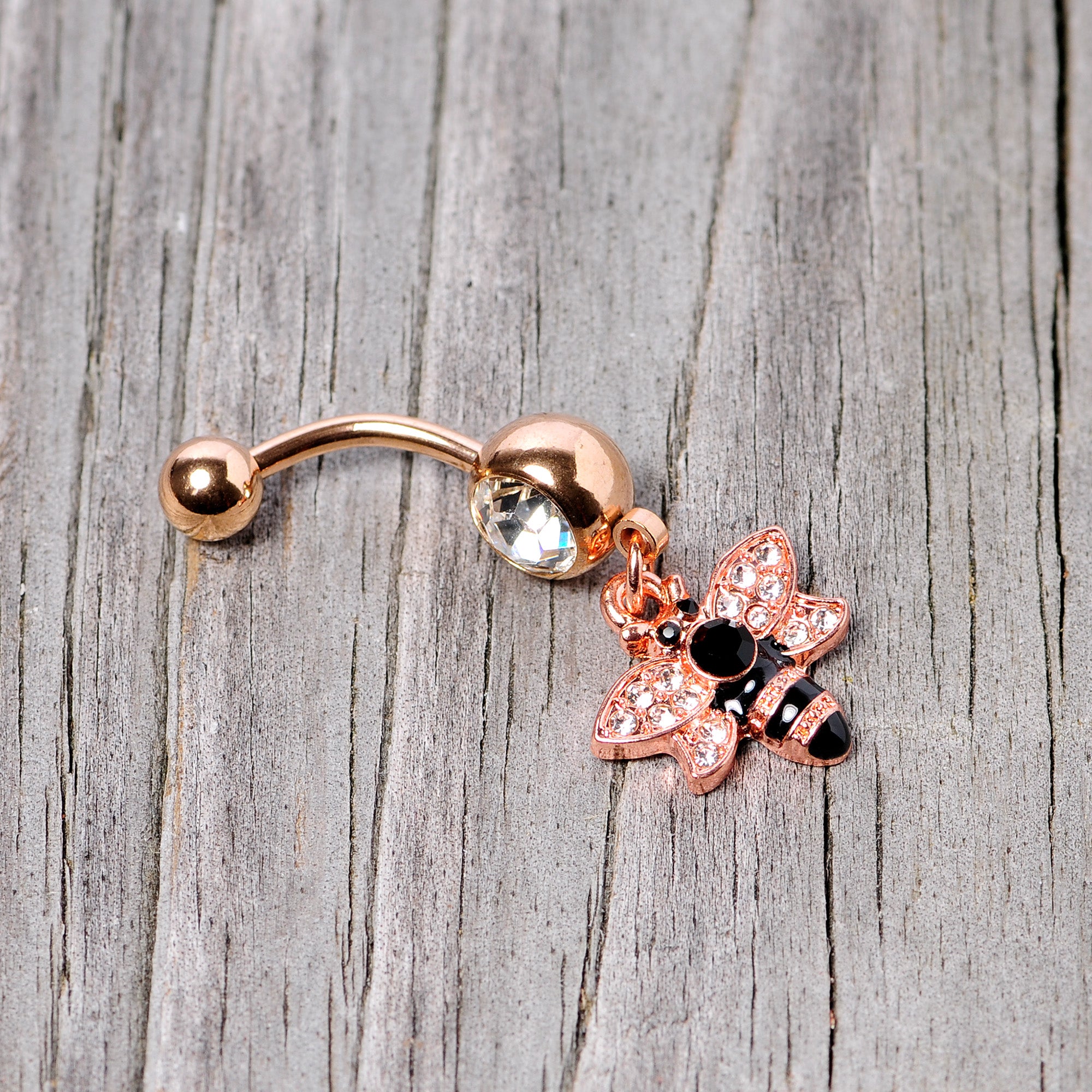 Black Clear Gem Rose Gold Tone Bee Dangle Belly Ring