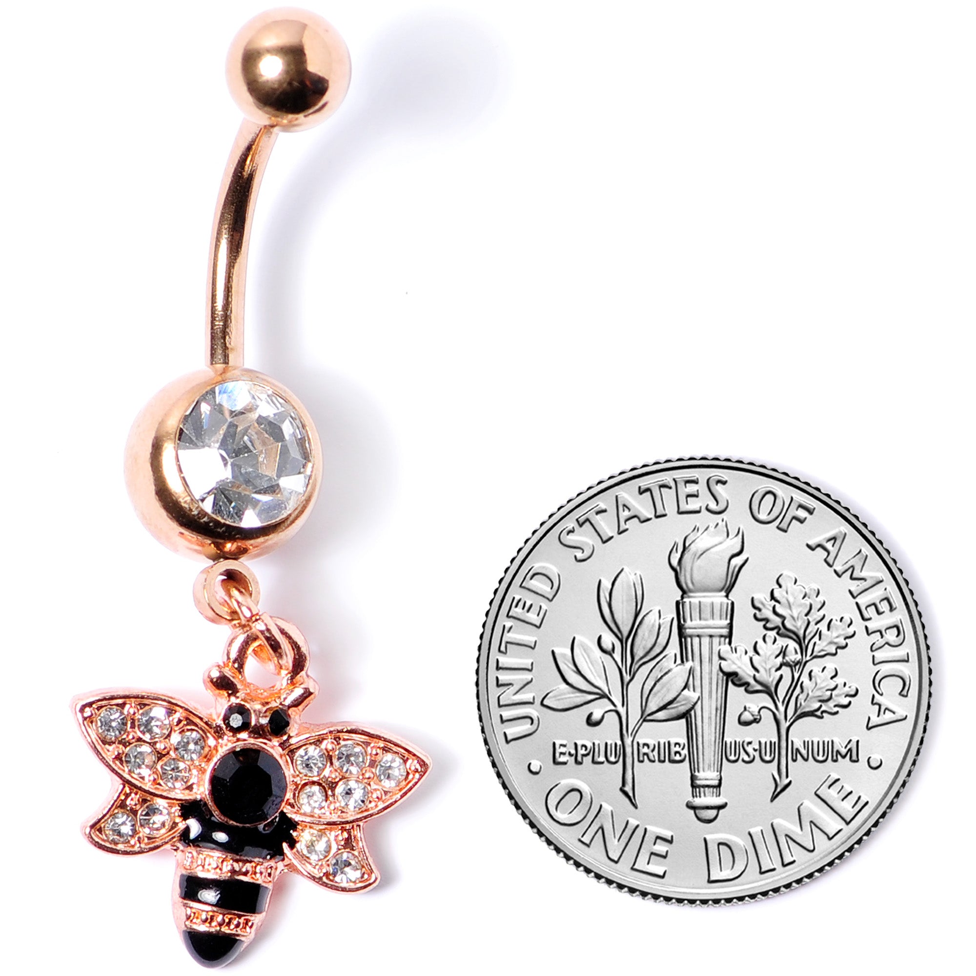 Black Clear Gem Rose Gold Tone Bee Dangle Belly Ring