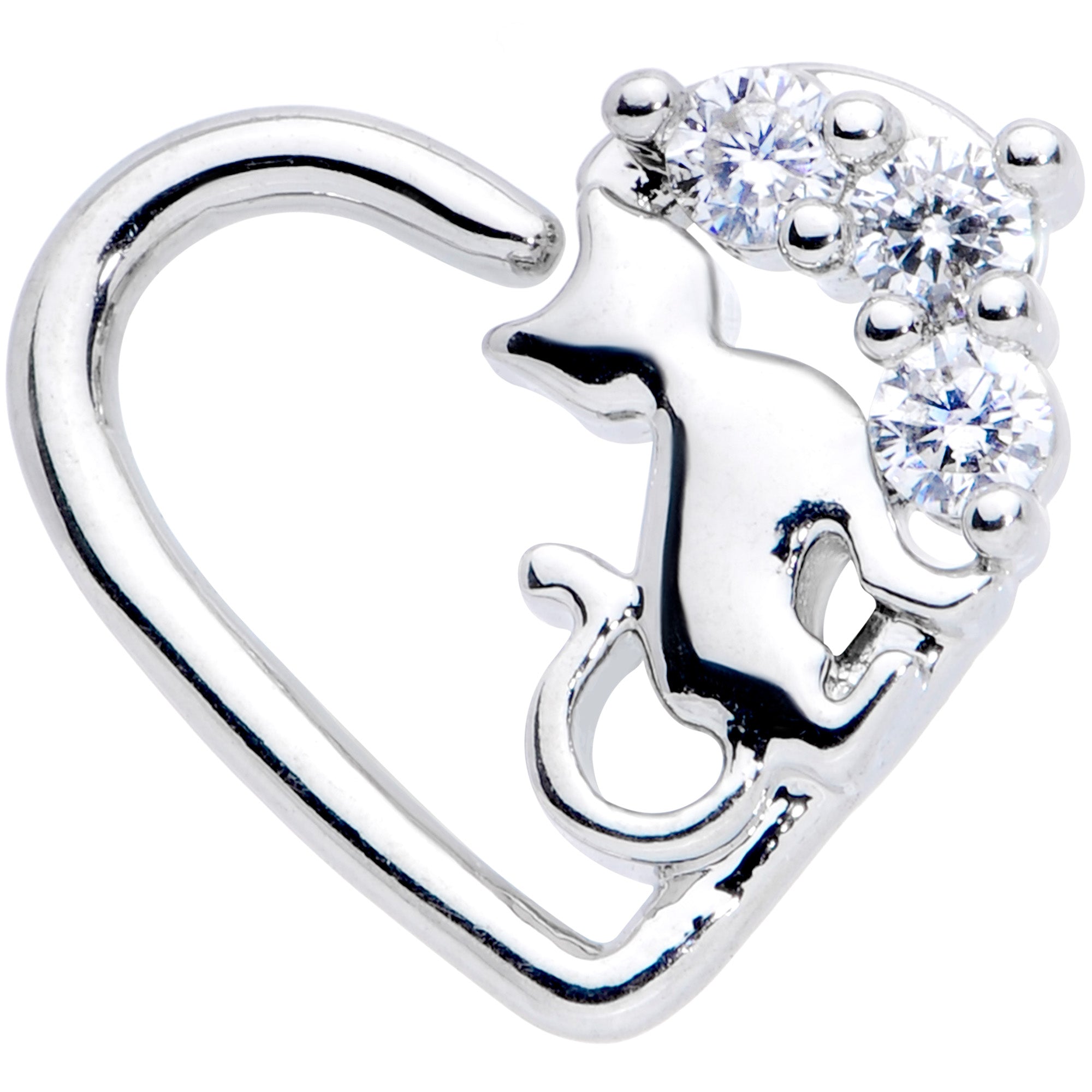 16 Gauge 3/8 Clear CZ Gem Cat Heart Left Ear Closure Ring