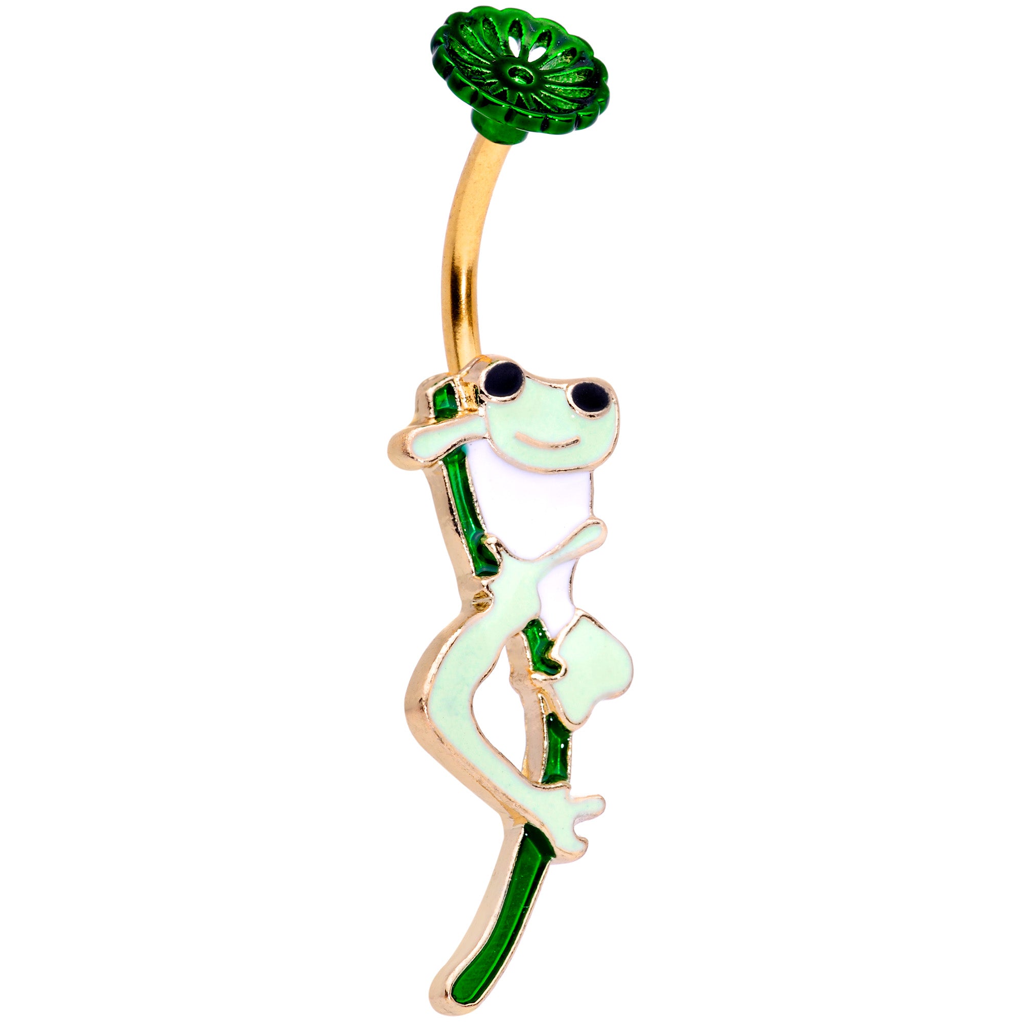 Green Gold Tone Frog Flower Double Mount Belly Ring