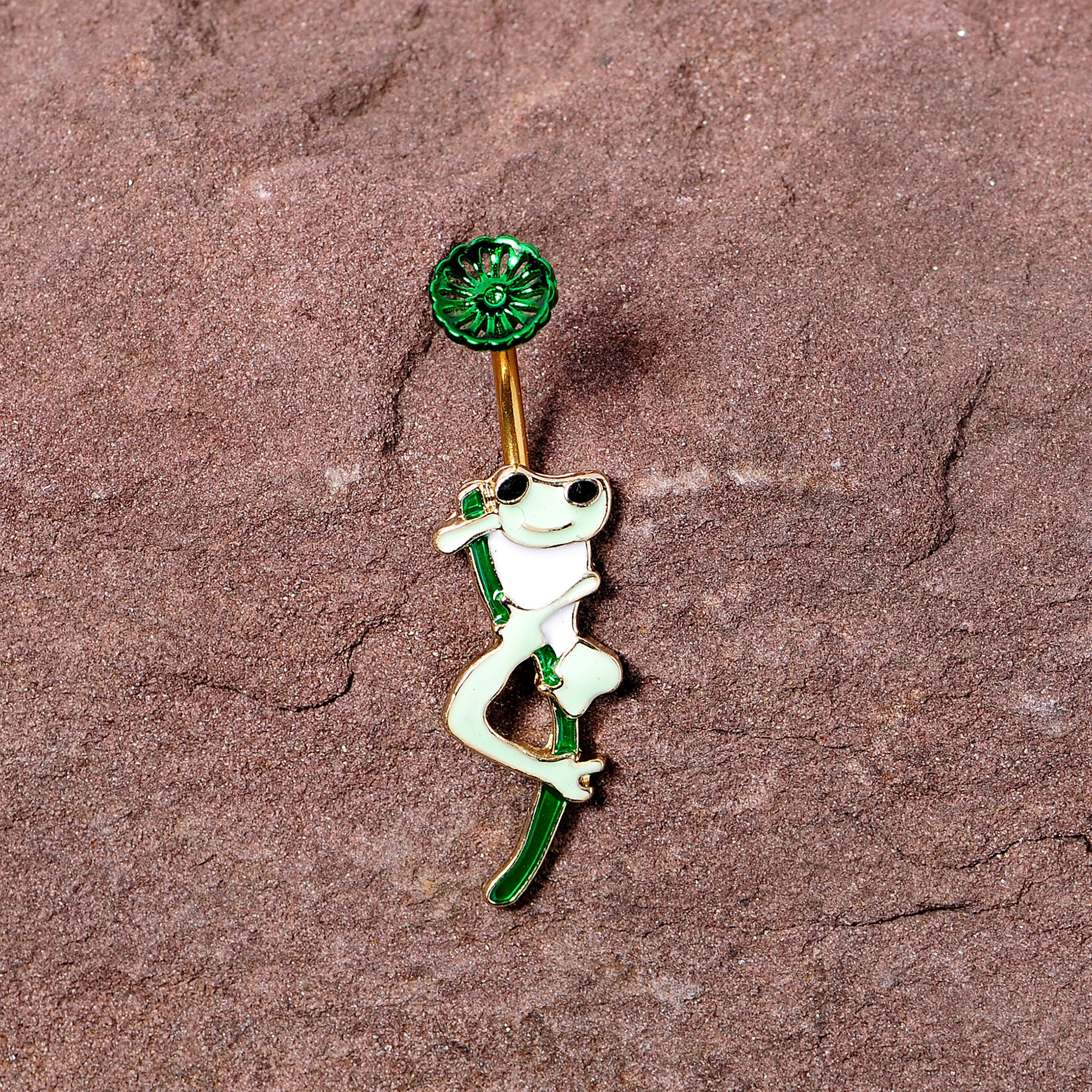 Green Gold Tone Frog Flower Double Mount Belly Ring