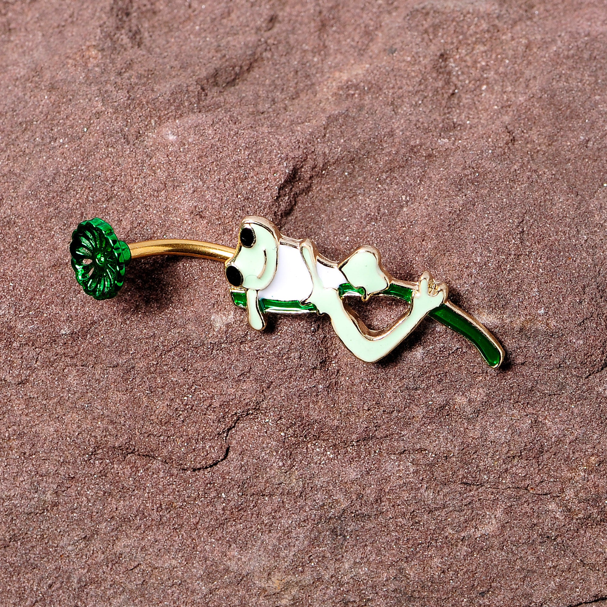 Green Gold Tone Frog Flower Double Mount Belly Ring