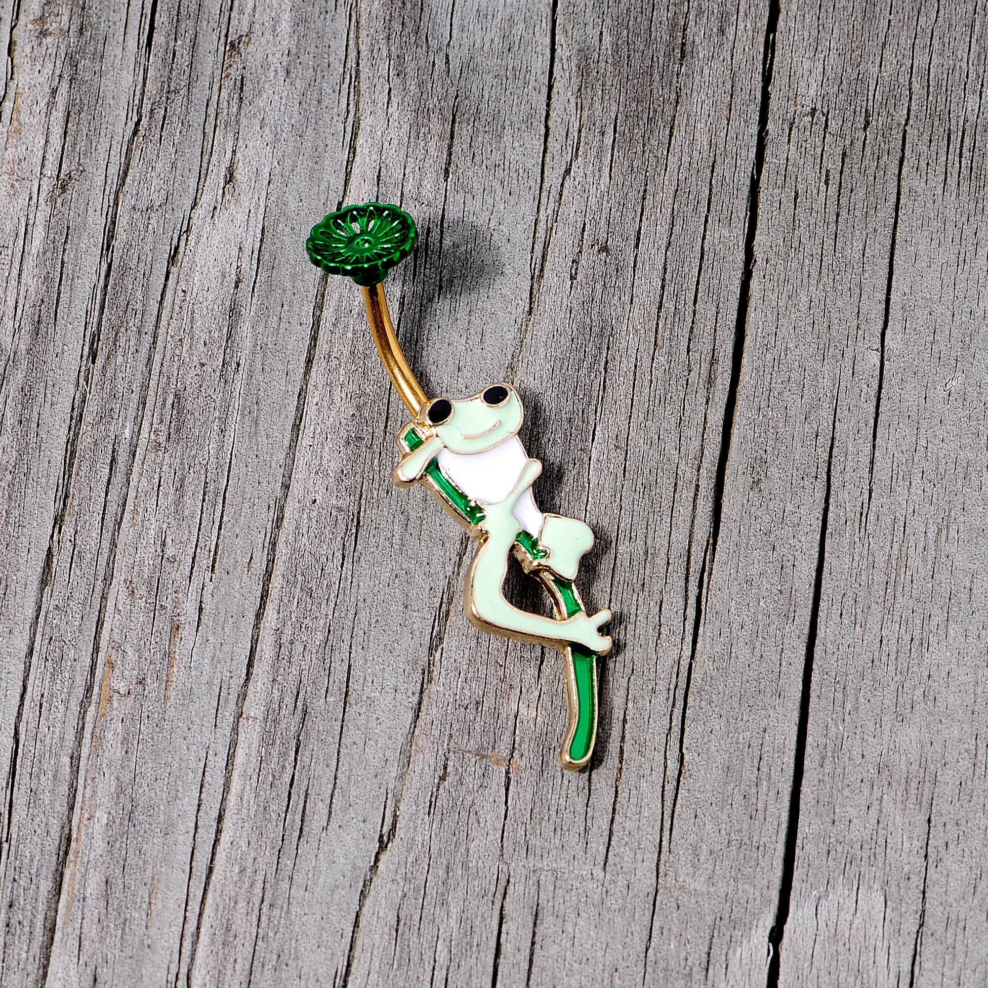 Green Gold Tone Frog Flower Double Mount Belly Ring