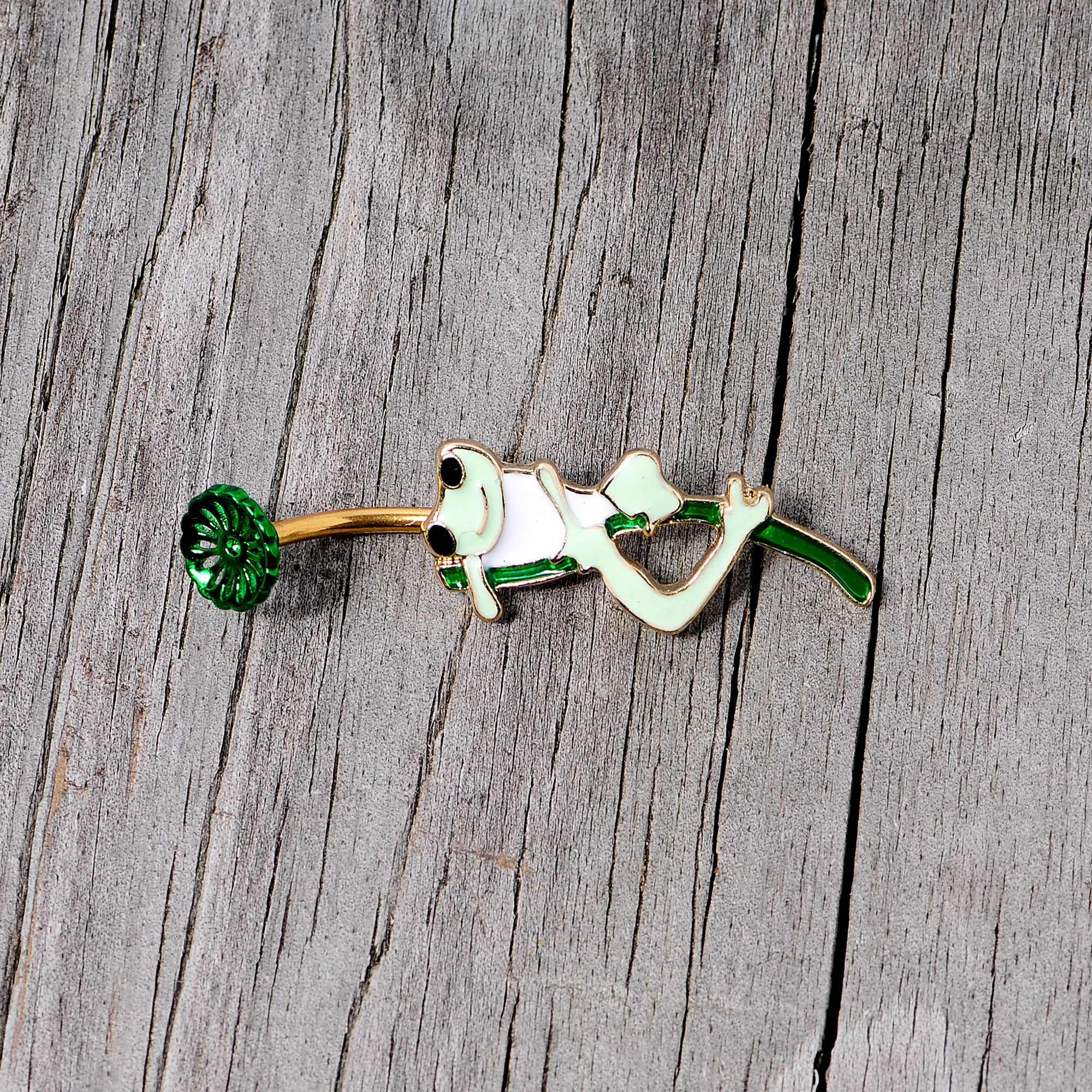 Green Gold Tone Frog Flower Double Mount Belly Ring