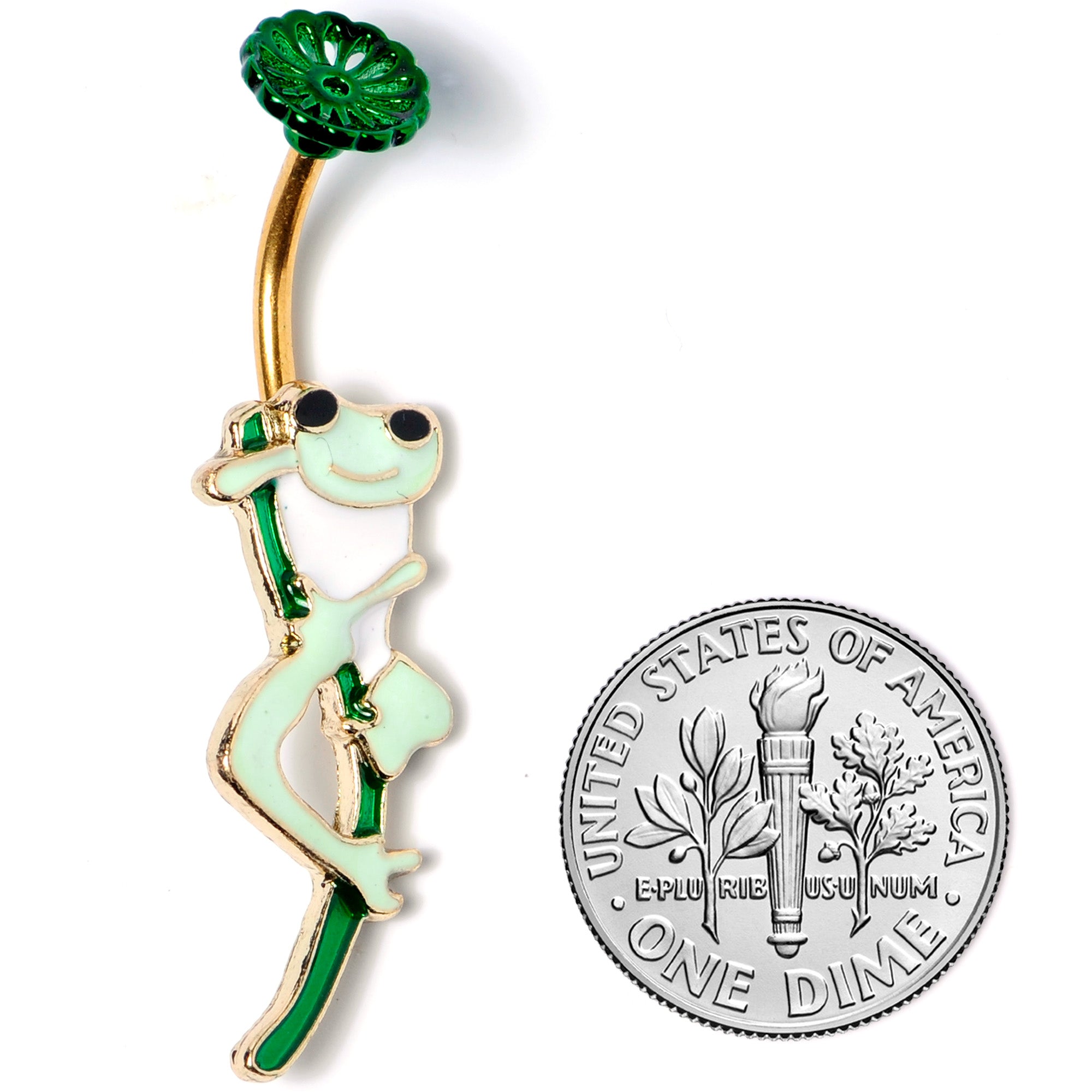 Green Gold Tone Frog Flower Double Mount Belly Ring