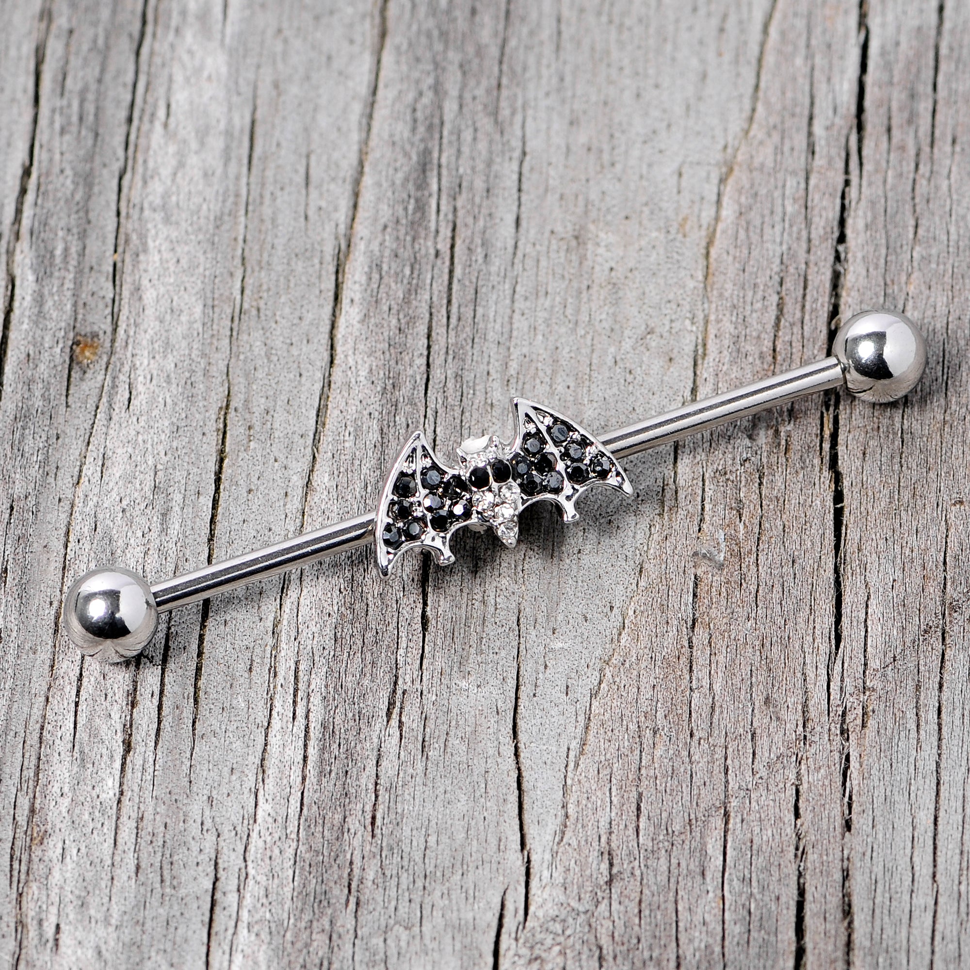 14 Gauge Clear Black Gem Bat Halloween Industrial Barbell 38mm