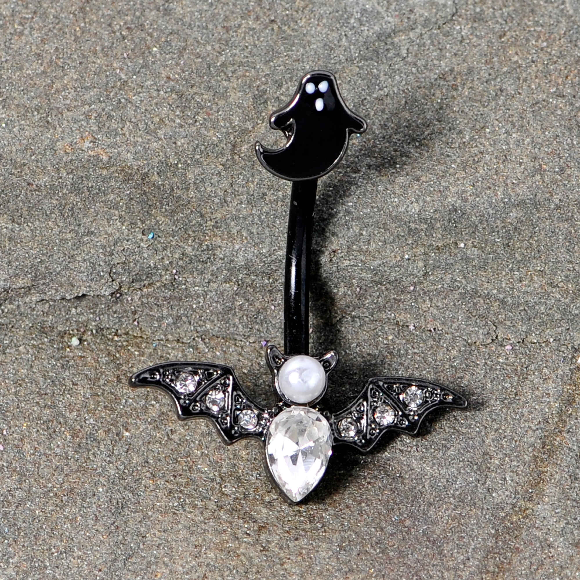 Clear Gem Black Ghost Vampire Bat Halloween Double Mount Belly Ring