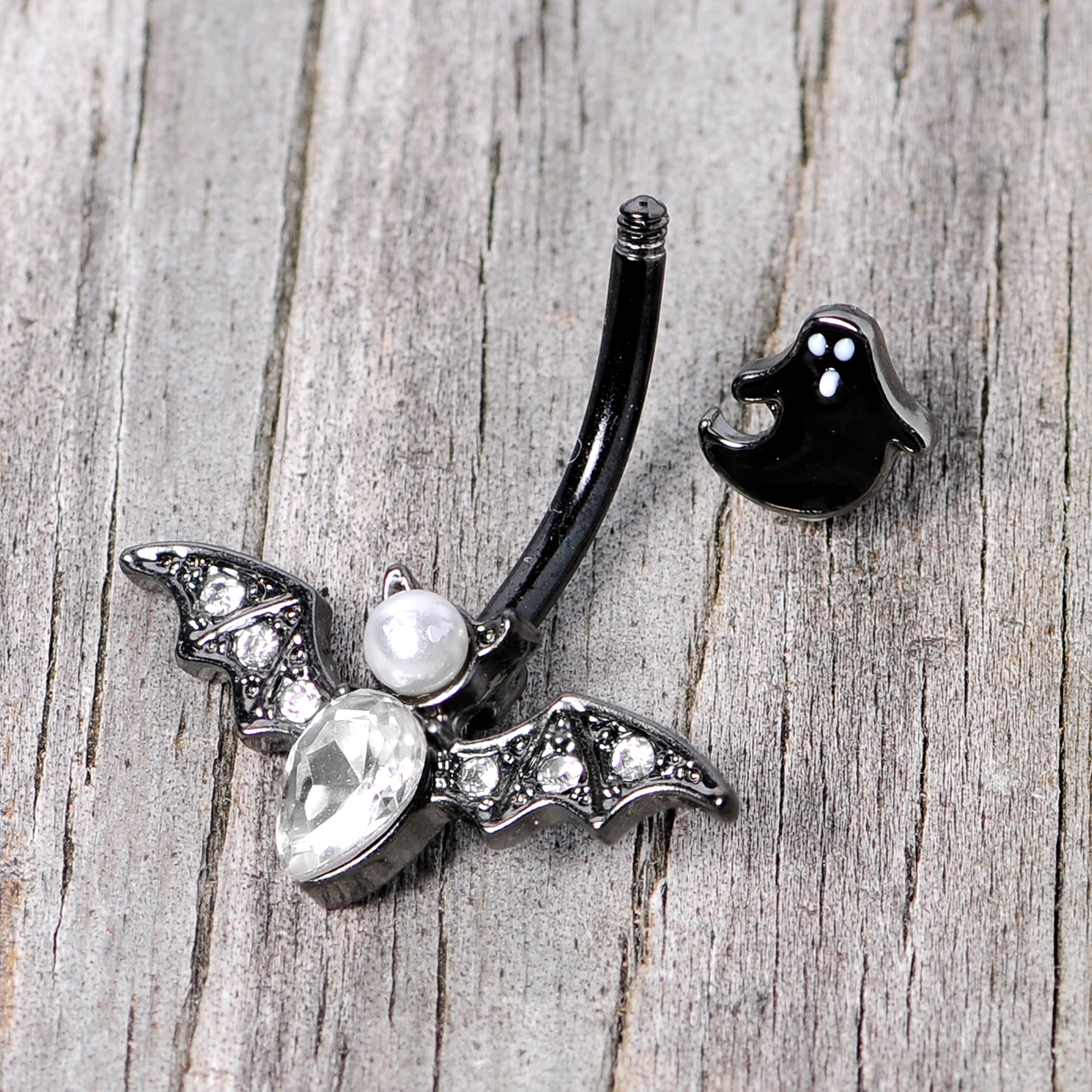 Clear Gem Black Ghost Vampire Bat Halloween Double Mount Belly Ring