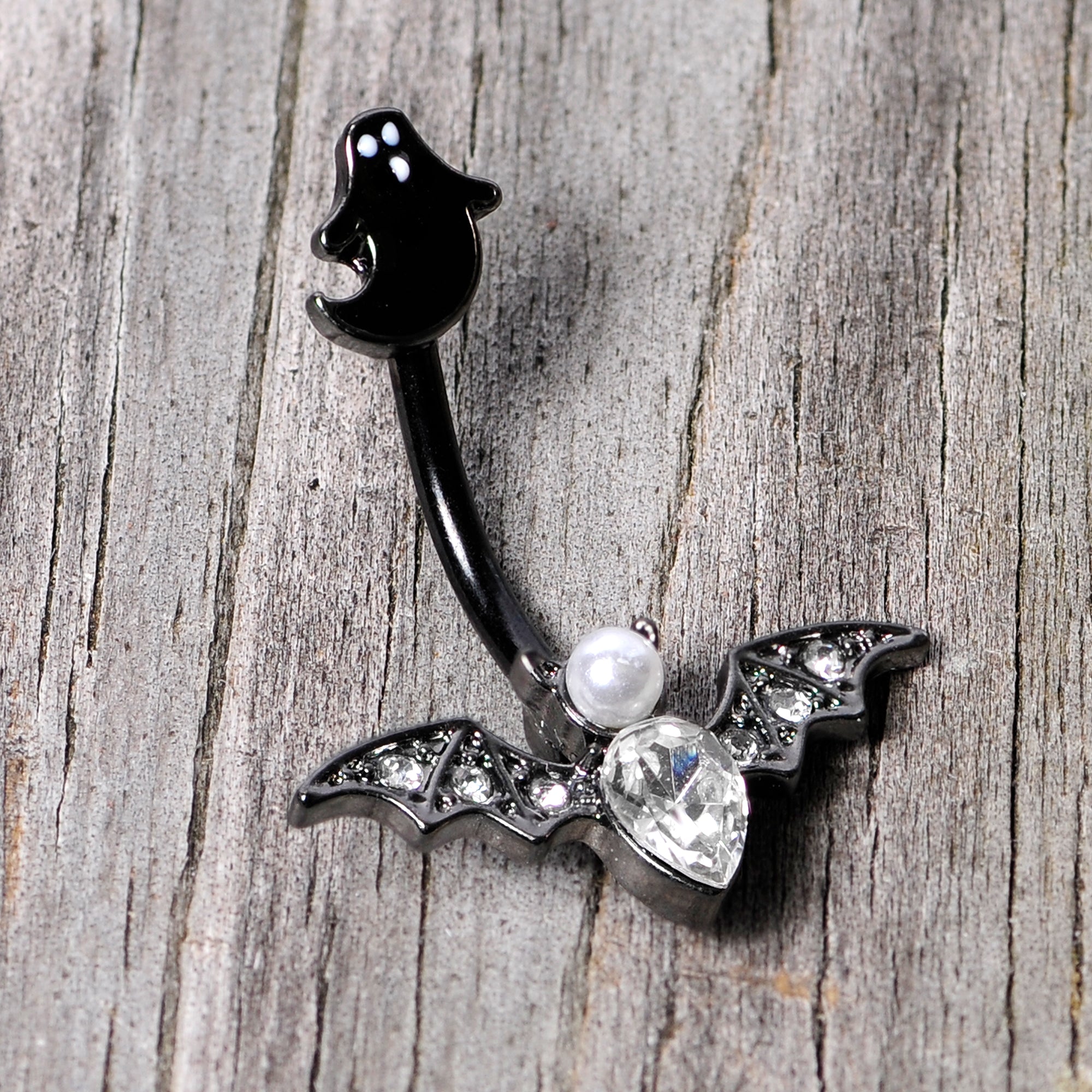 Clear Gem Black Ghost Vampire Bat Halloween Double Mount Belly Ring