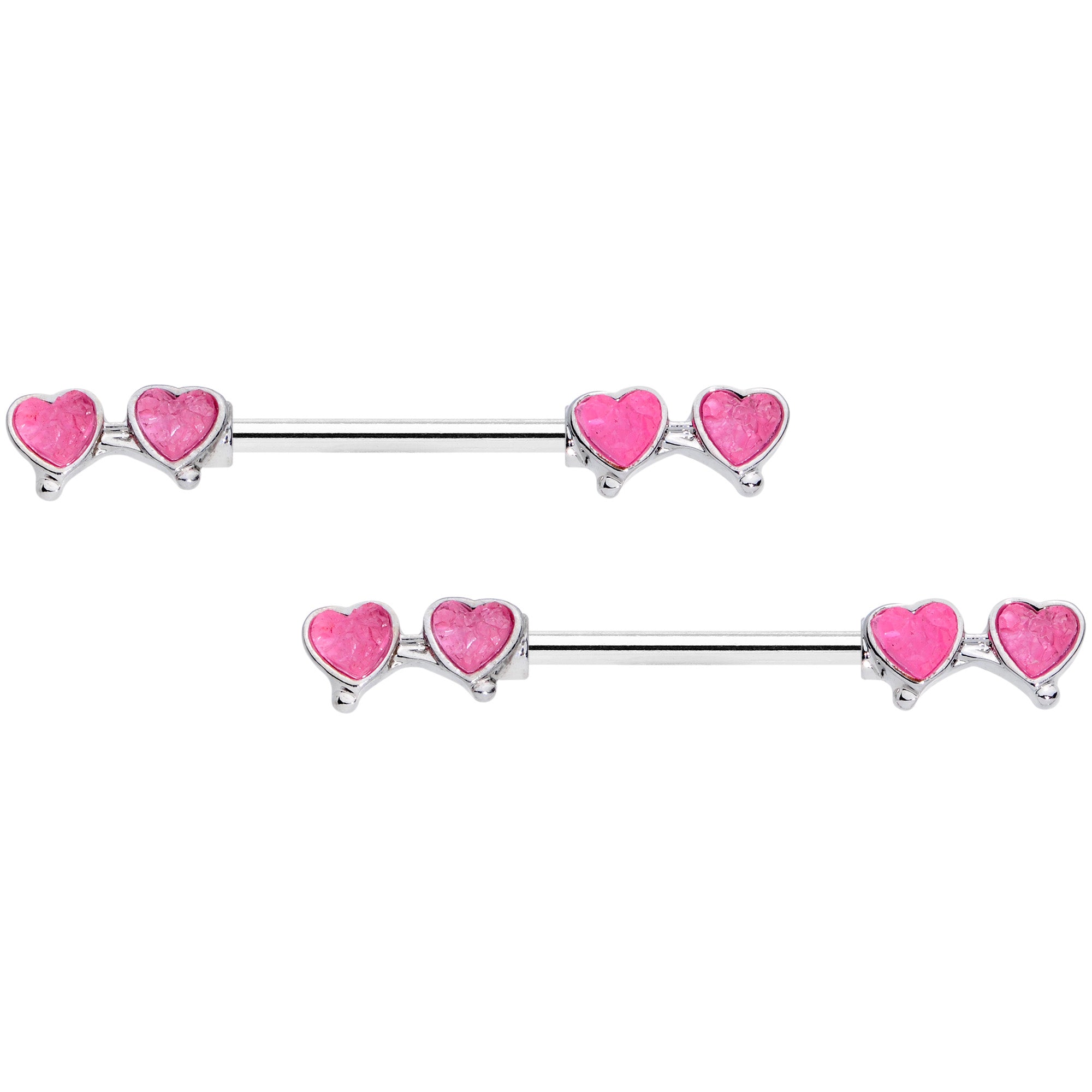 14 Gauge 9/16 Pink Double Hearts Barbell Nipple Ring Set