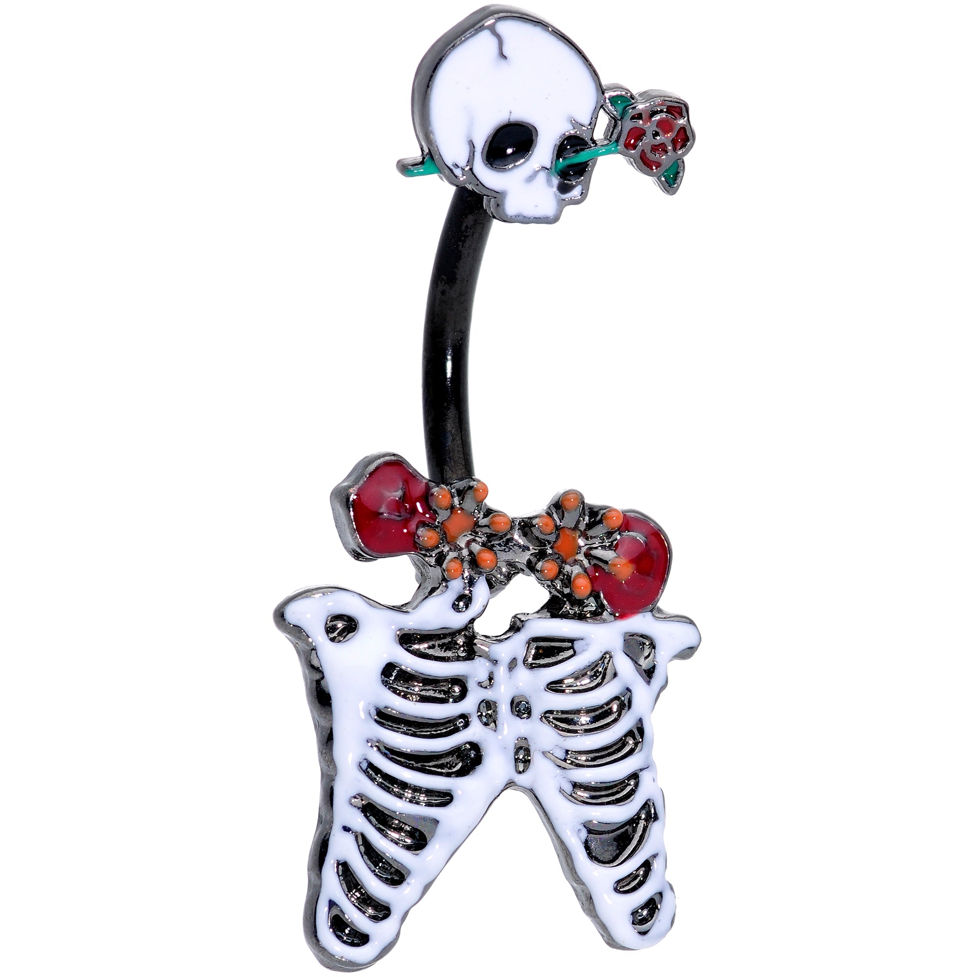 Black Skeleton Skull Rose Halloween Double Mount Belly Ring