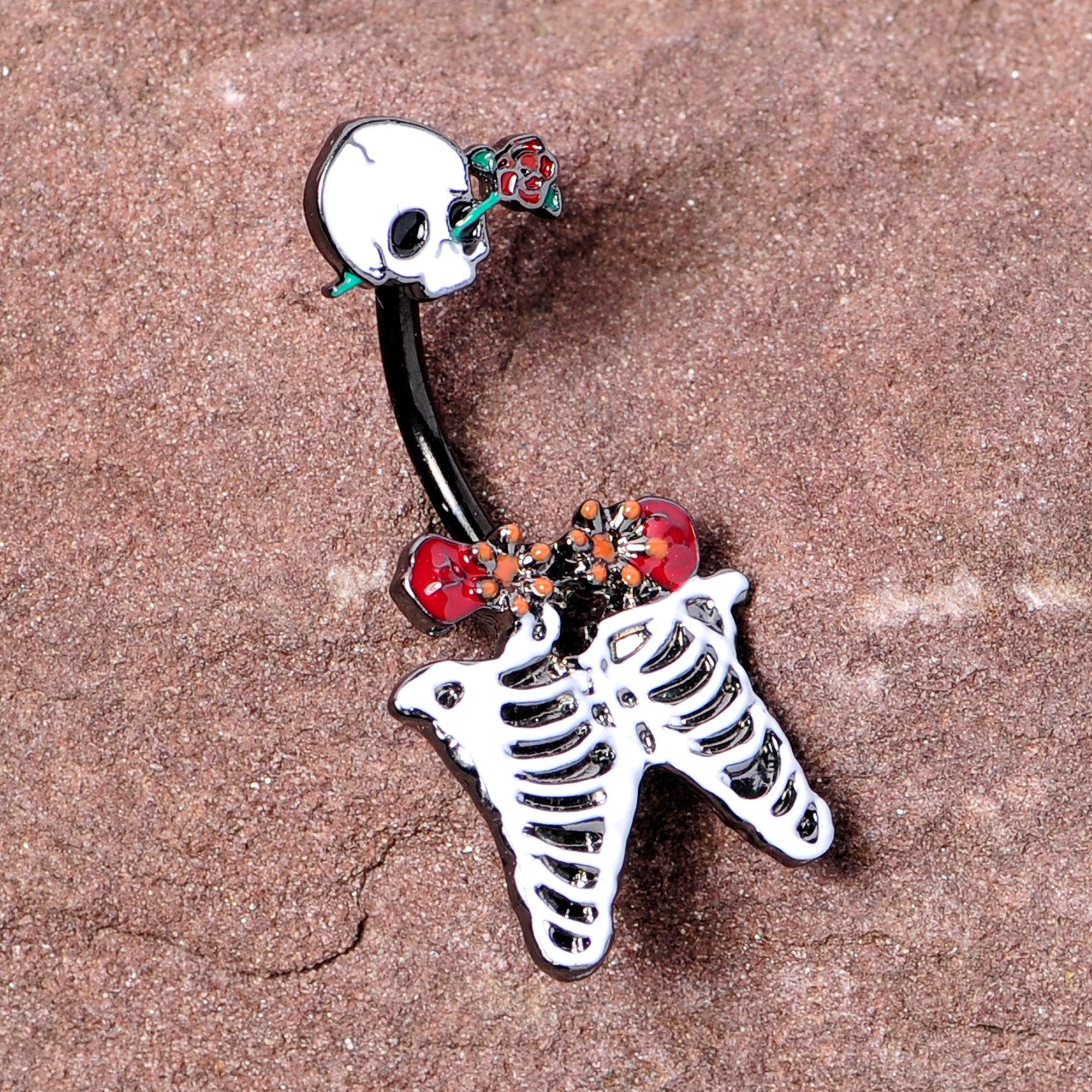 Black Skeleton Skull Rose Halloween Double Mount Belly Ring