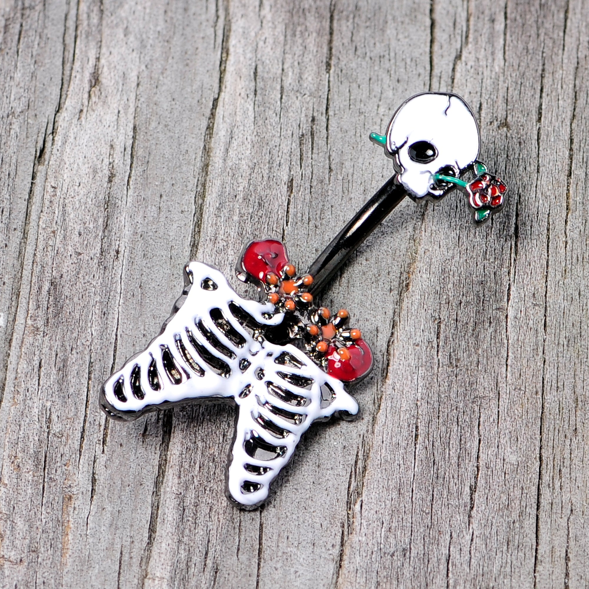 Black Skeleton Skull Rose Halloween Double Mount Belly Ring