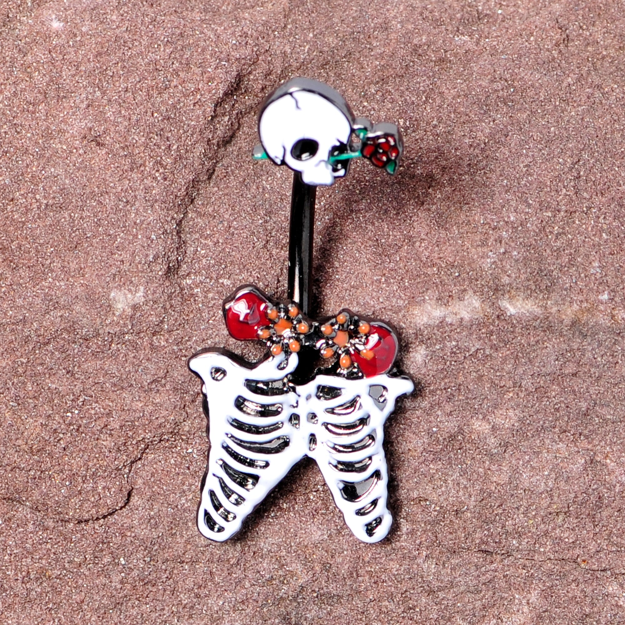 Black Skeleton Skull Rose Halloween Double Mount Belly Ring