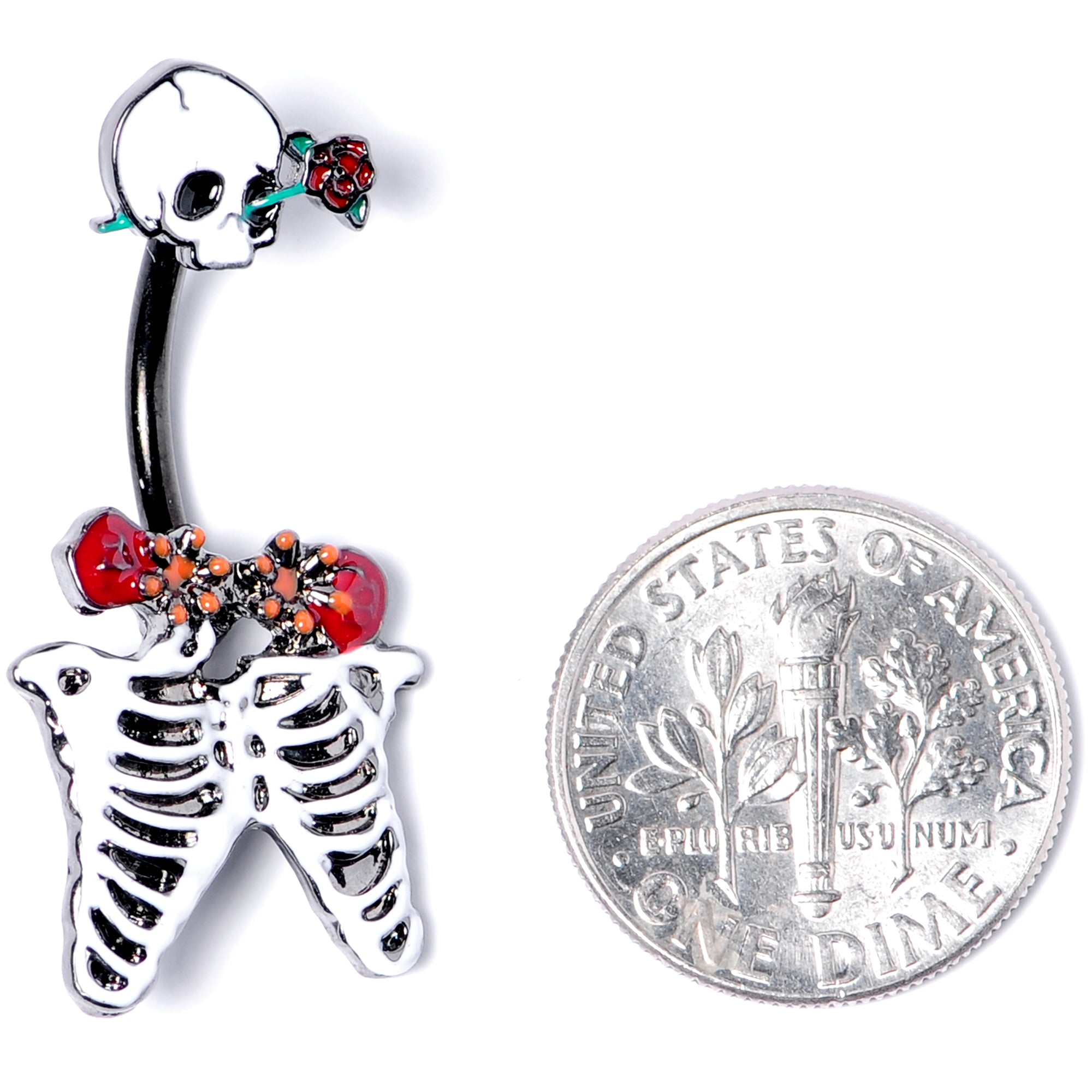 Black Skeleton Skull Rose Halloween Double Mount Belly Ring