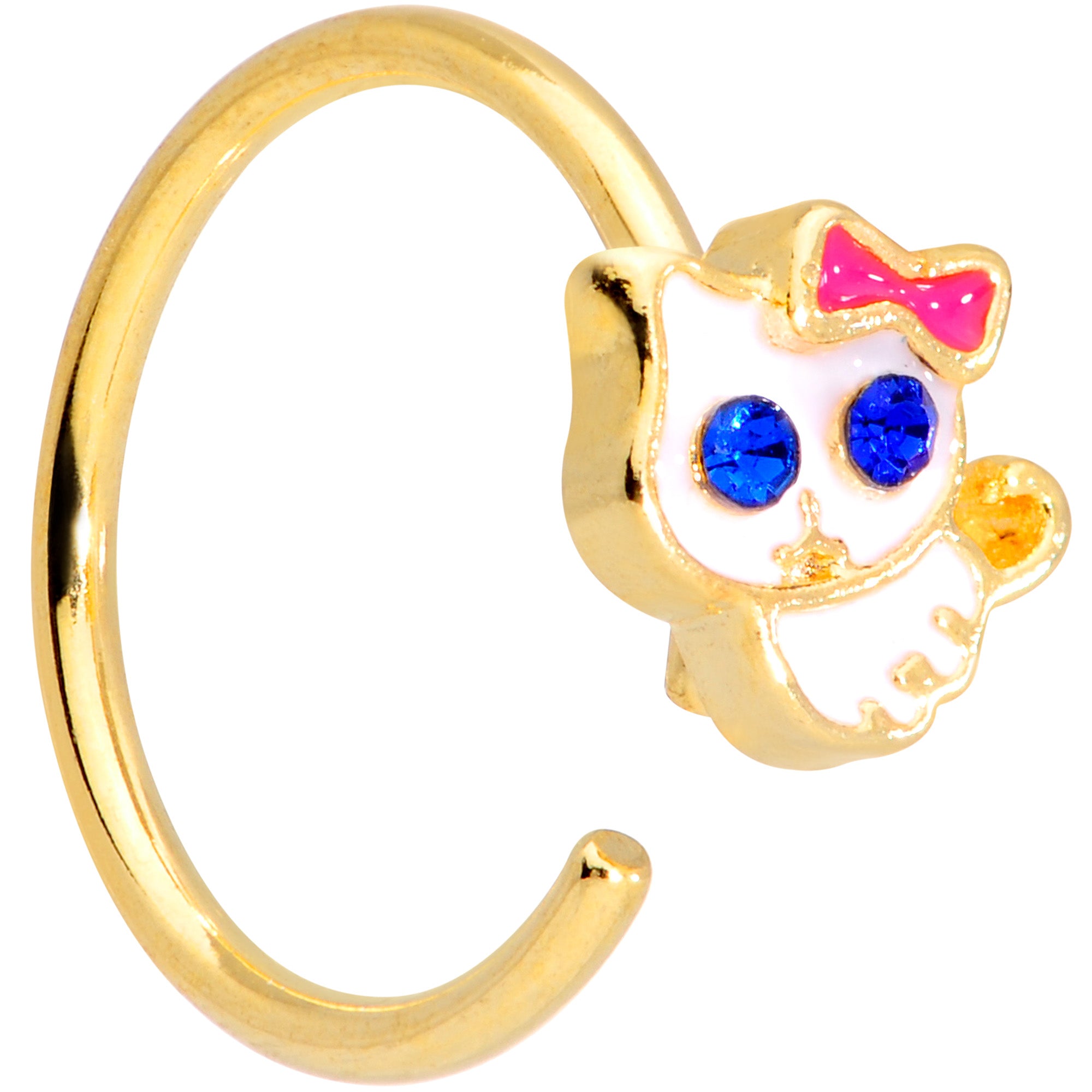 18 Gauge 3/8 Blue CZ Gem Gold Tone Sweet Kitty Cat Nose Hoop