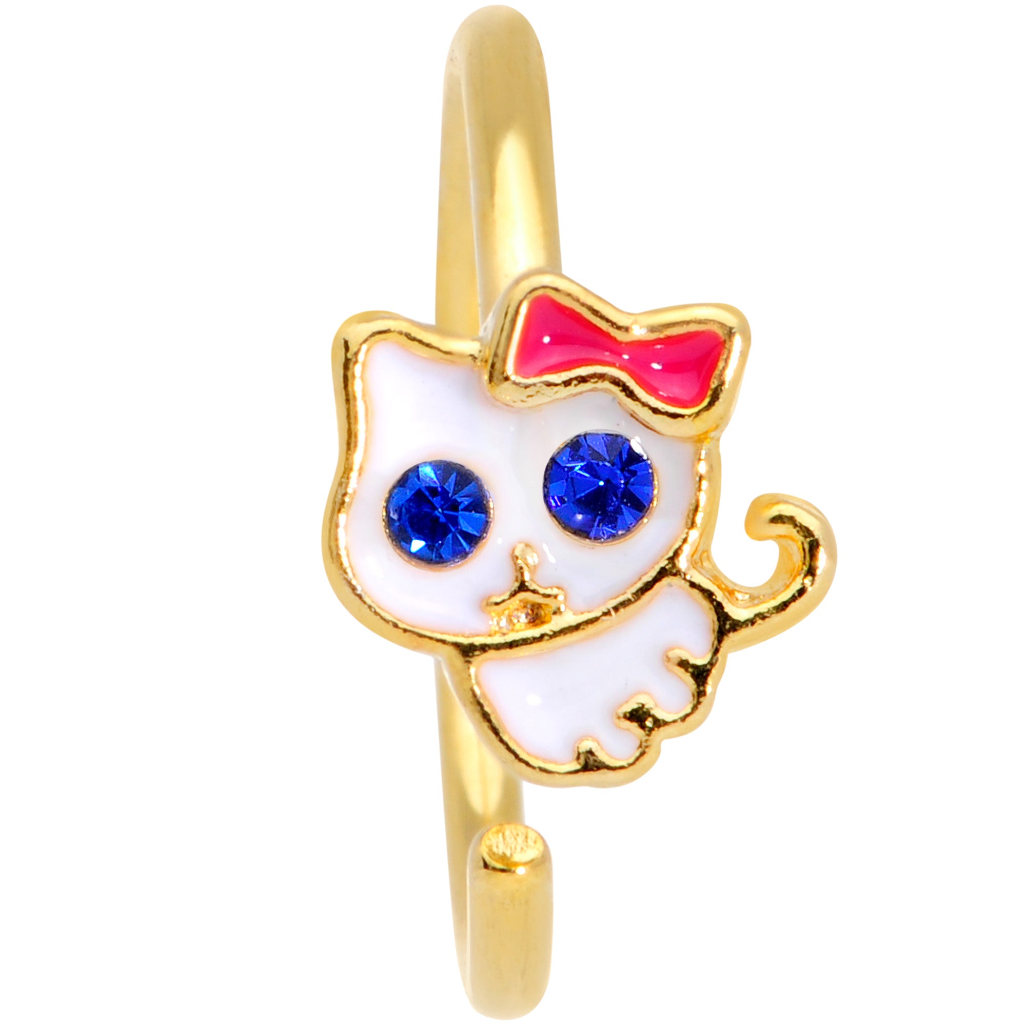 18 Gauge 3/8 Blue CZ Gem Gold Tone Sweet Kitty Cat Nose Hoop