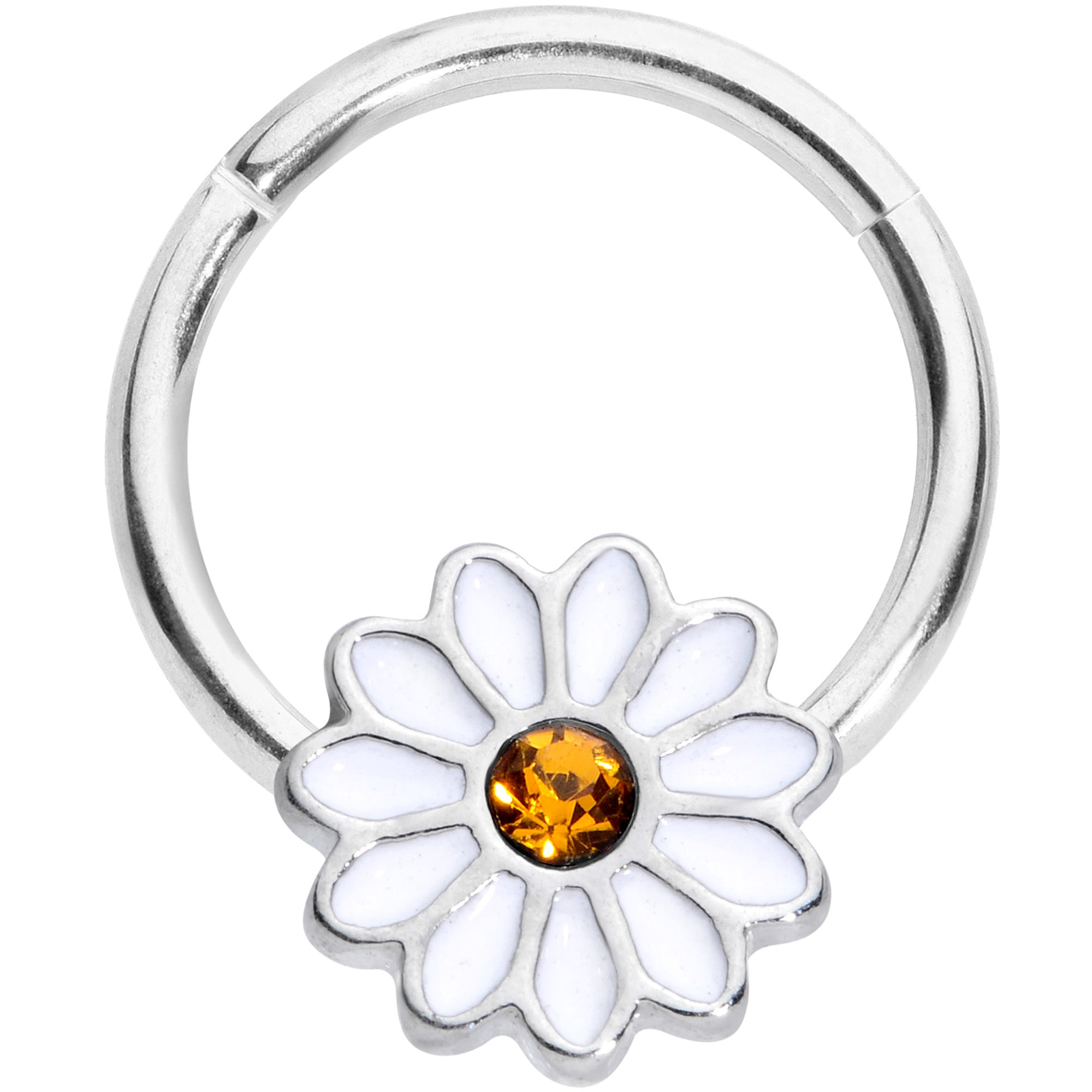 16 Gauge 3/8 Yellow Gem Hippie White Daisy Flower Hinged Segment Ring