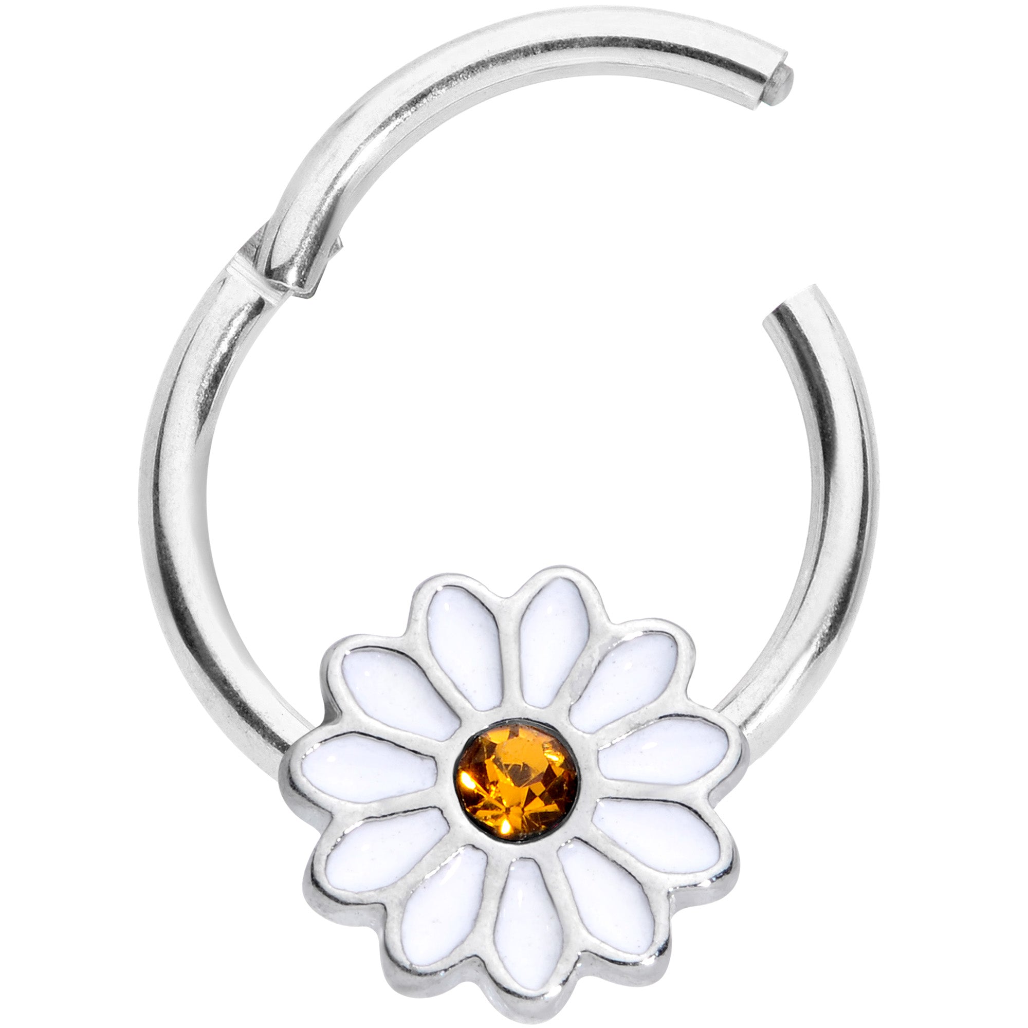 16 Gauge 3/8 Yellow Gem Hippie White Daisy Flower Hinged Segment Ring