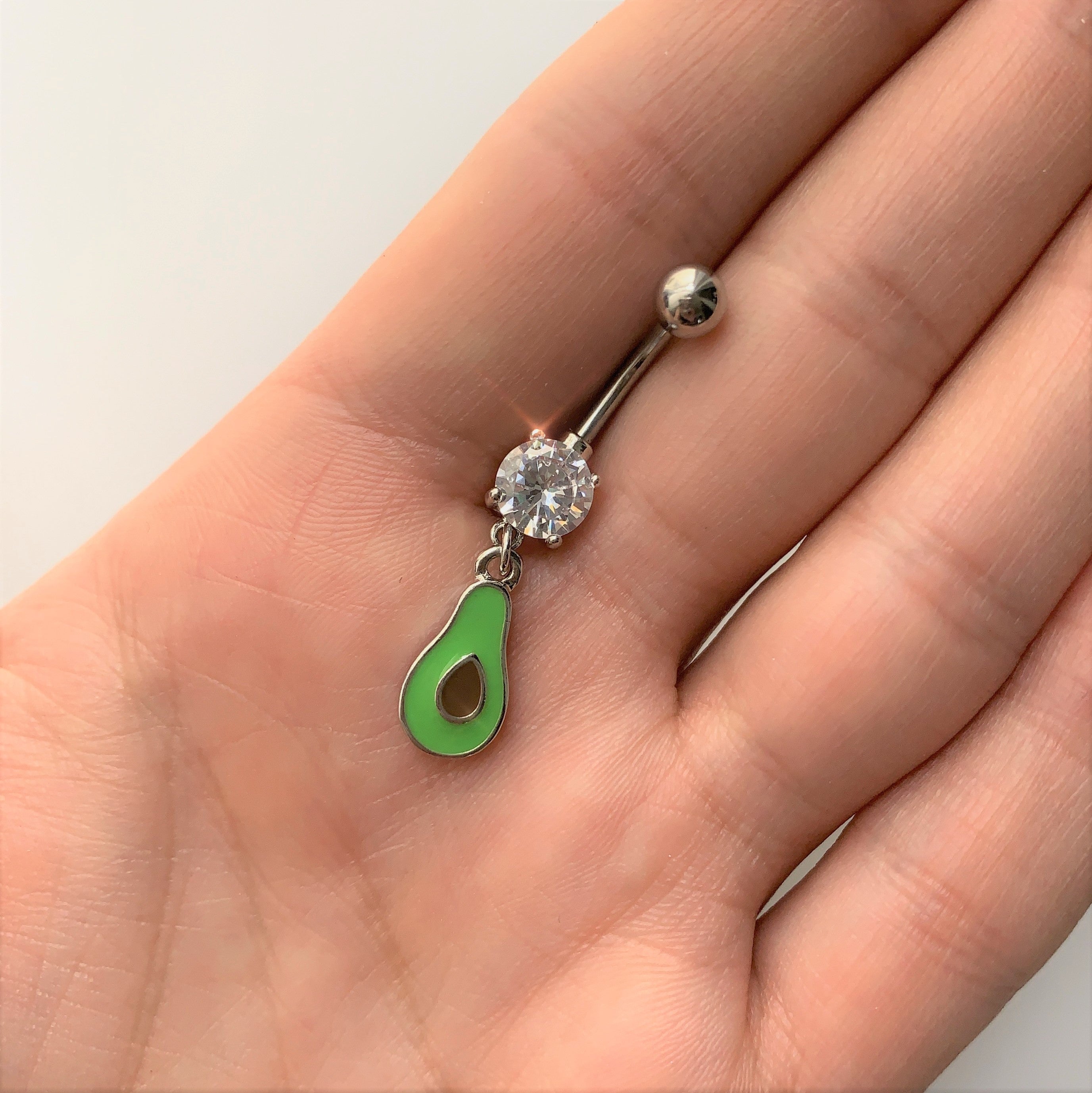 Clear CZ Gem Green Groovy Avocado Dangle Belly Ring