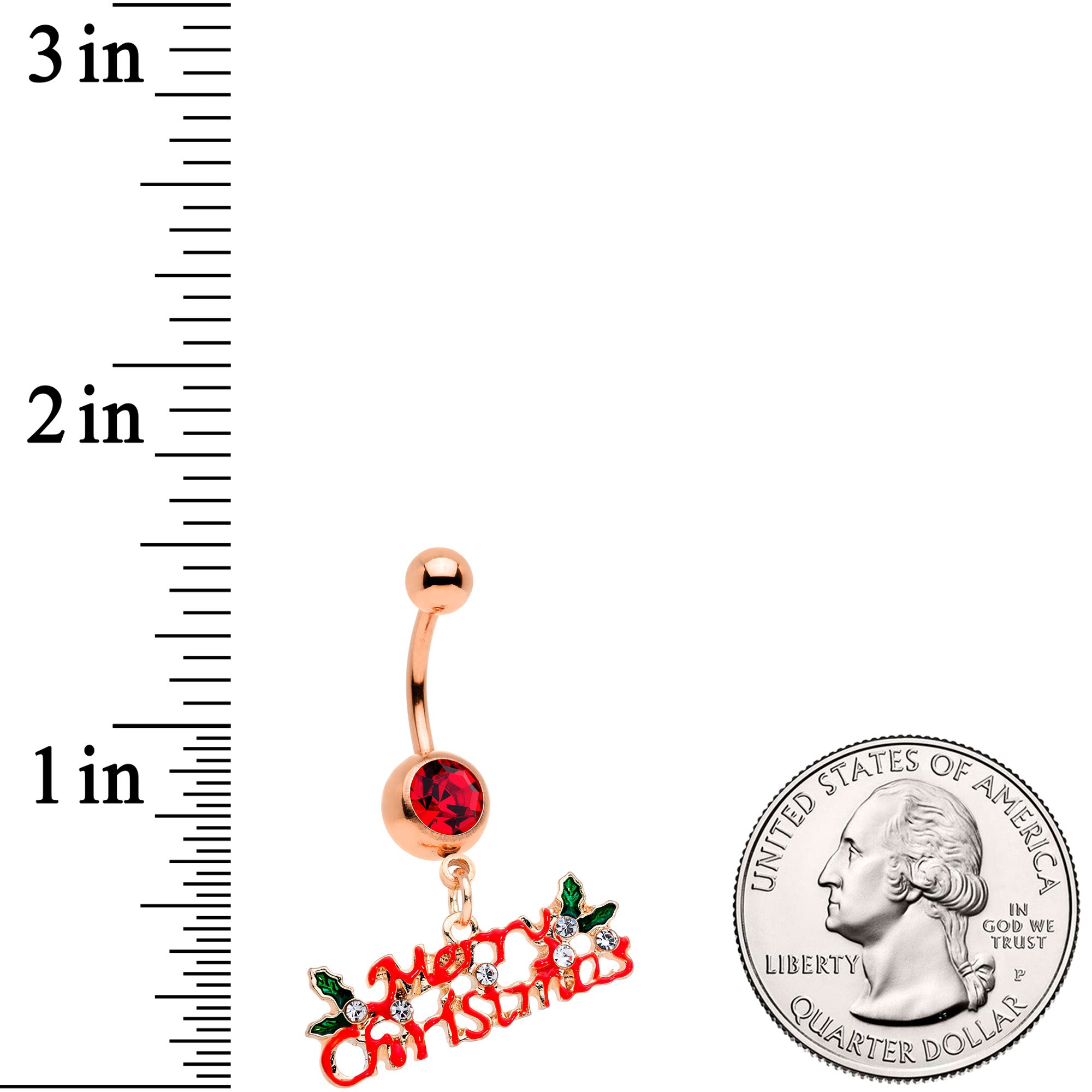 Red Gem Rose Gold Tone Merry Christmas Dangle Belly Ring