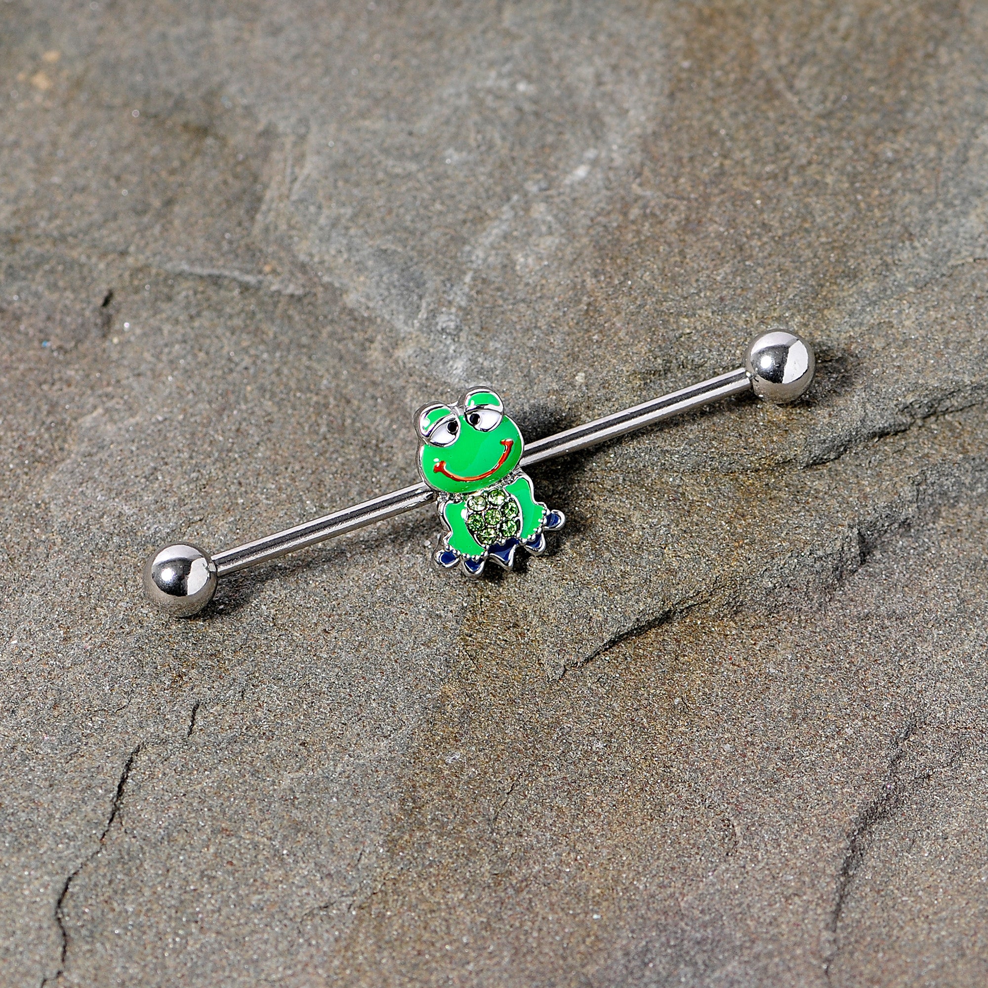 14 Gauge Green Gem Green Goofy Frog Industrial Barbell 38mm