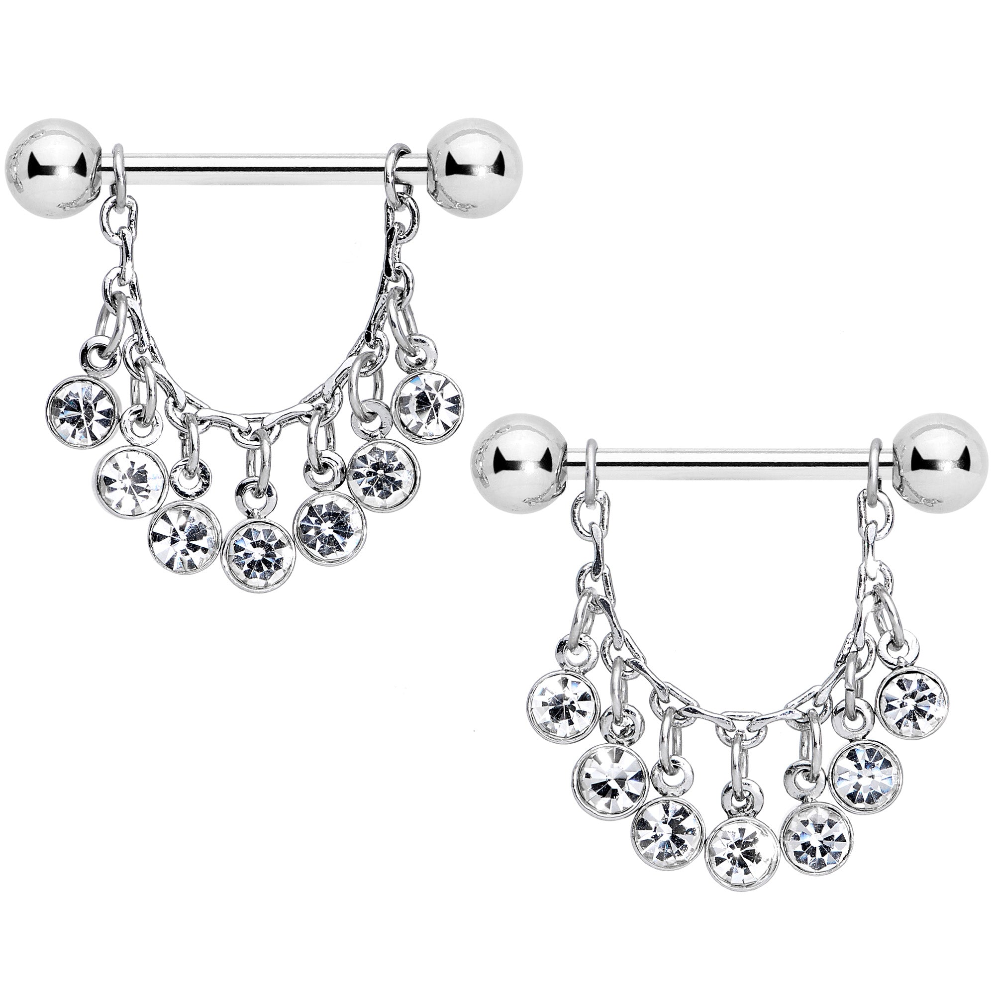 14 Gauge 5/8 Clear Gem Fringe Dangle Barbell Nipple Ring Set