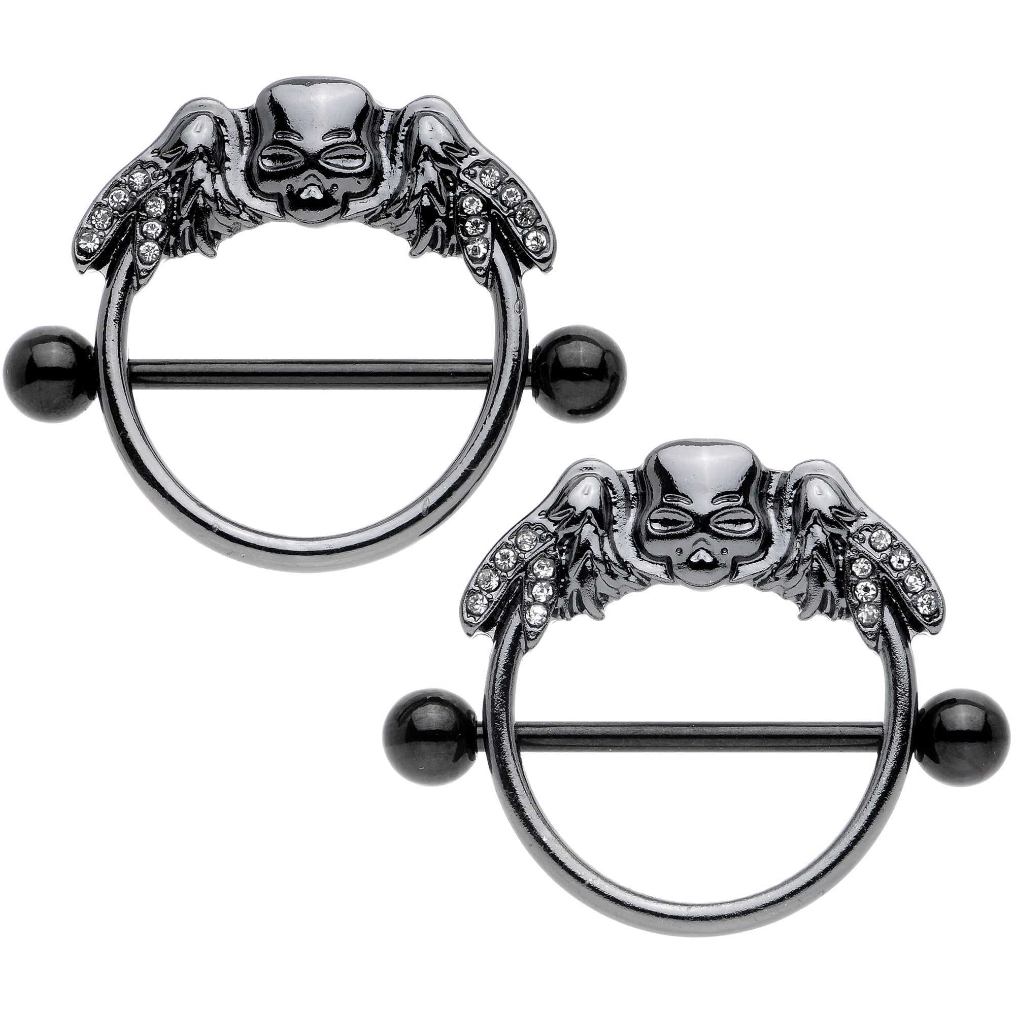 14 Gauge 7/8 Clear Gem Black Winged Skull Halloween Nipple Shield Set