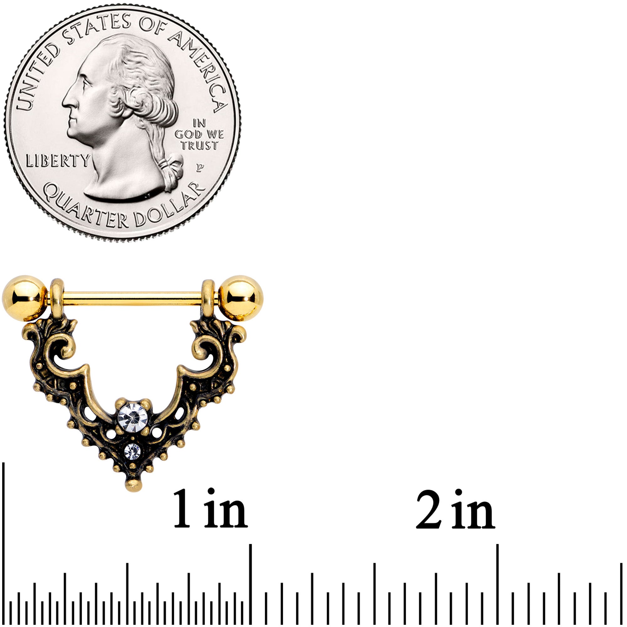 14 Gauge 9/16 Clear Gem Gold Tone Baroque Bat Nipple Shield Set