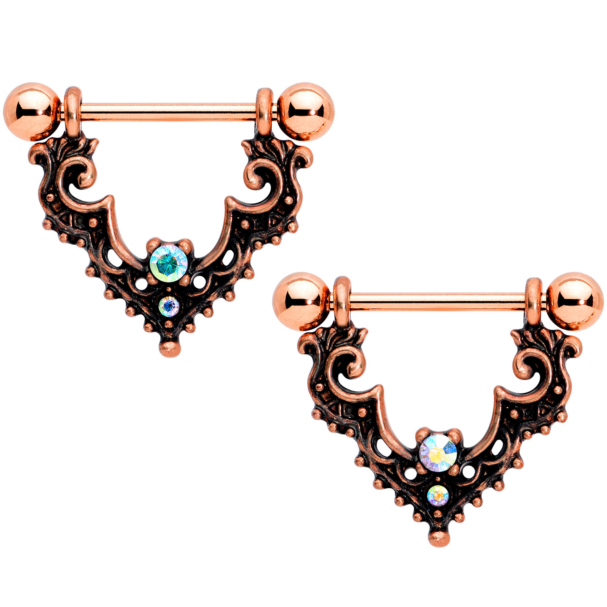 14 Gauge 9/16 Aurora Gem Rose Gold Tone Baroque Bat Nipple Shield Set