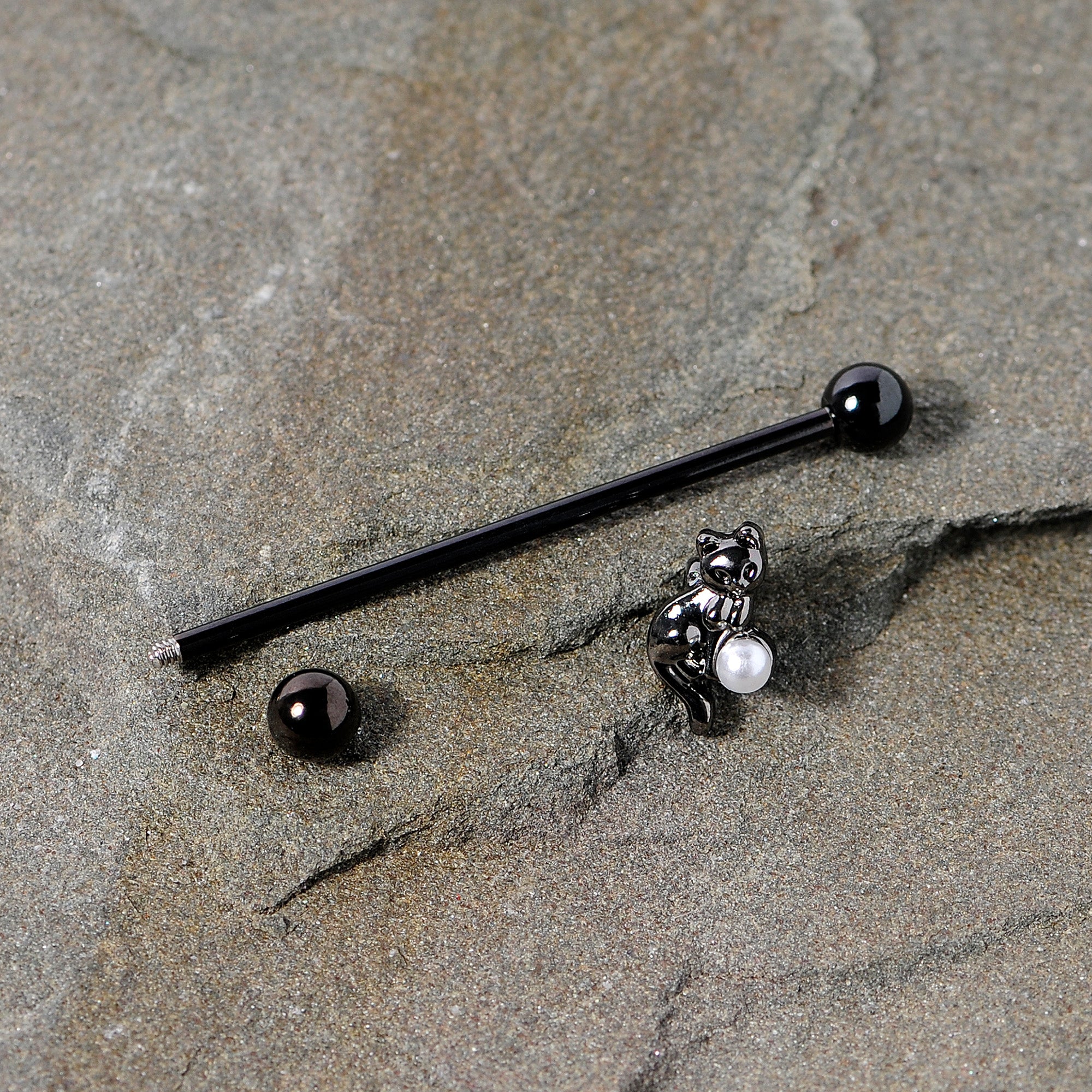 14 Gauge Black White Gem Black Cat Halloween Industrial Barbell 38mm