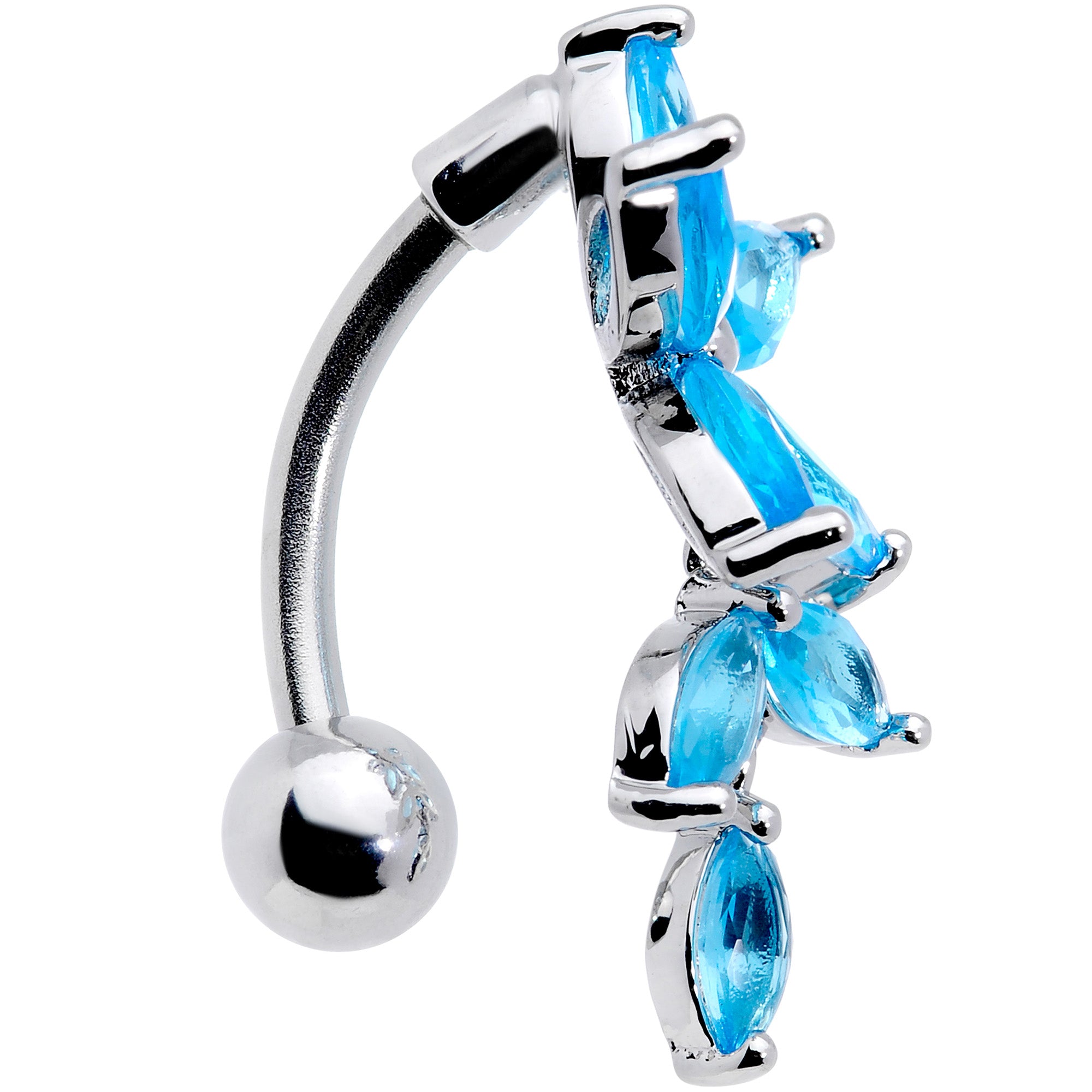 Aqua CZ Gem Fashion Flower Dangle Top Mount Belly Ring