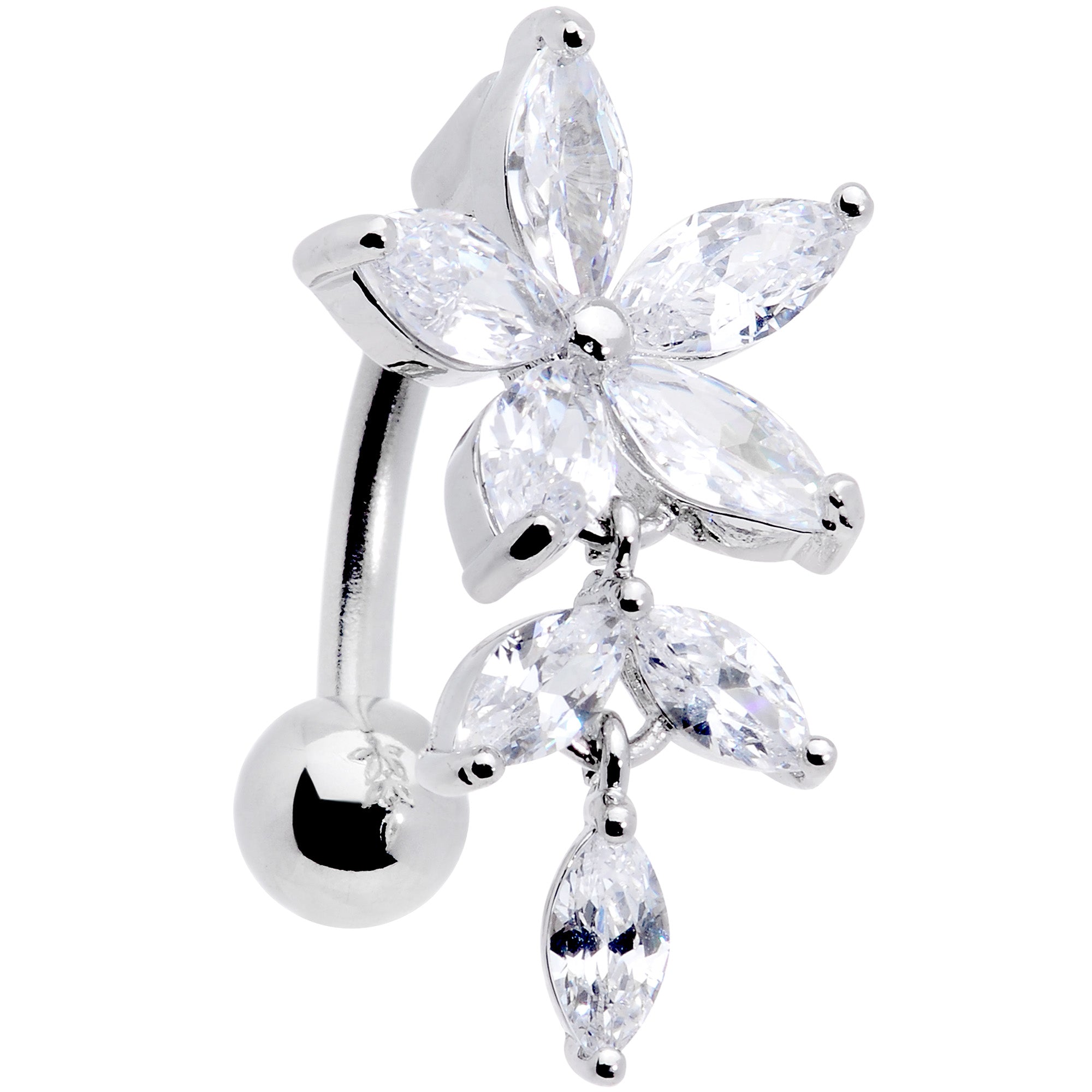 Clear CZ Gem Fashion Flower Dangle Top Mount Belly Ring