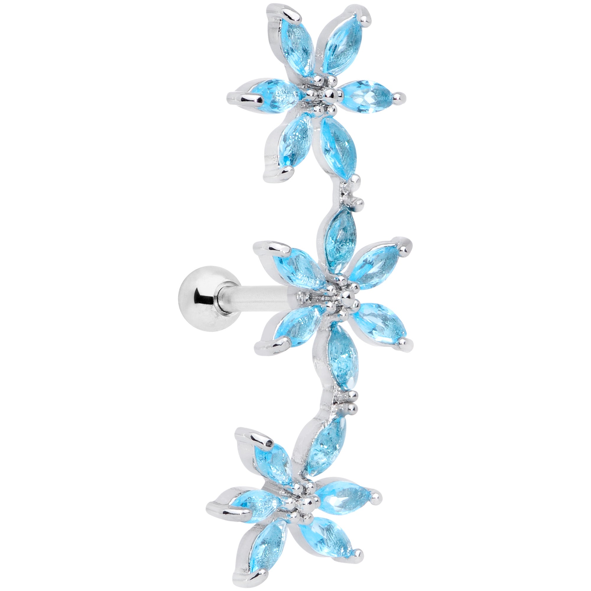 16 Gauge 1/4 Aqua CZ Gem Tri Flower Cartilage