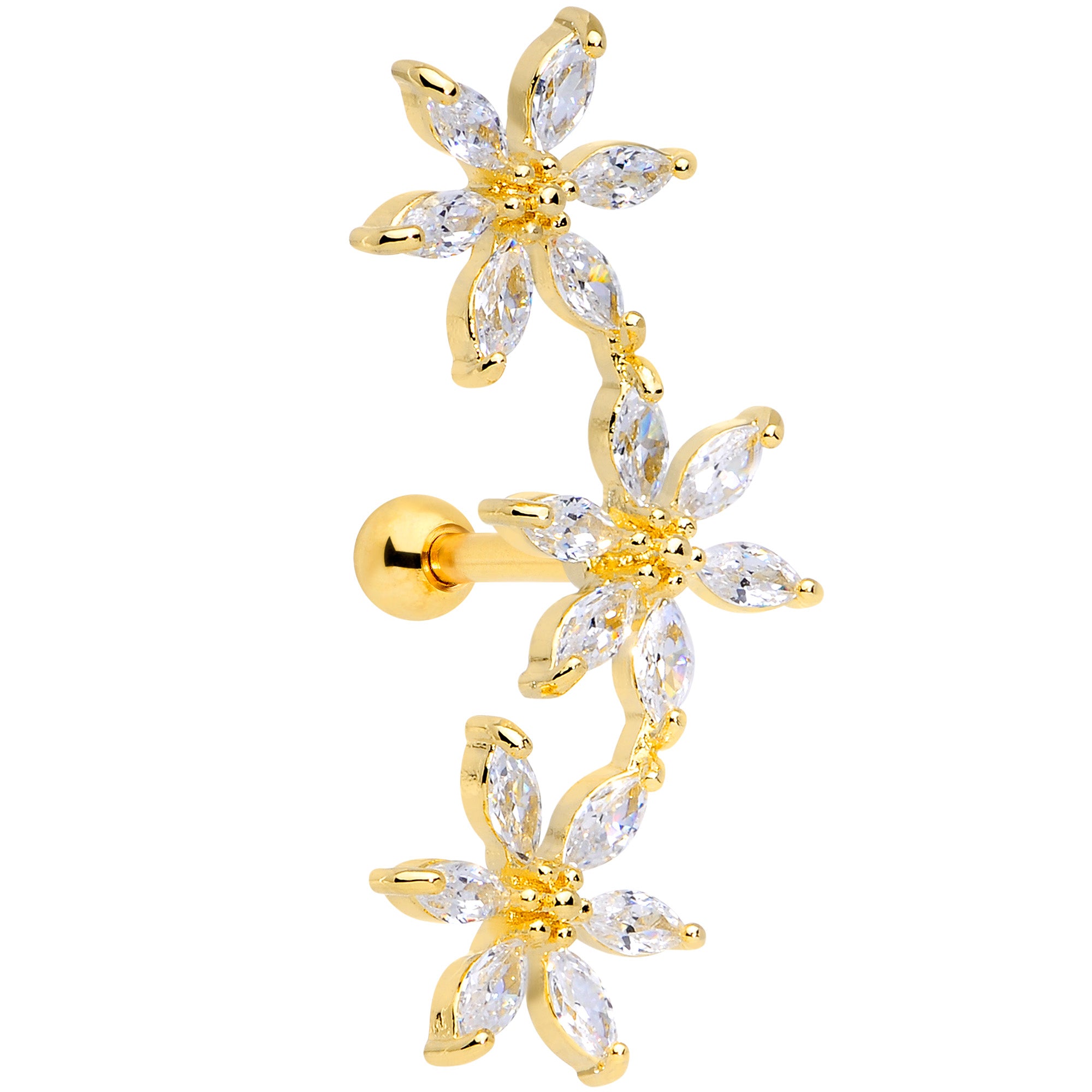 16 Gauge 1/4 Clear CZ Gem Gold Tone Tri Flower Cartilage