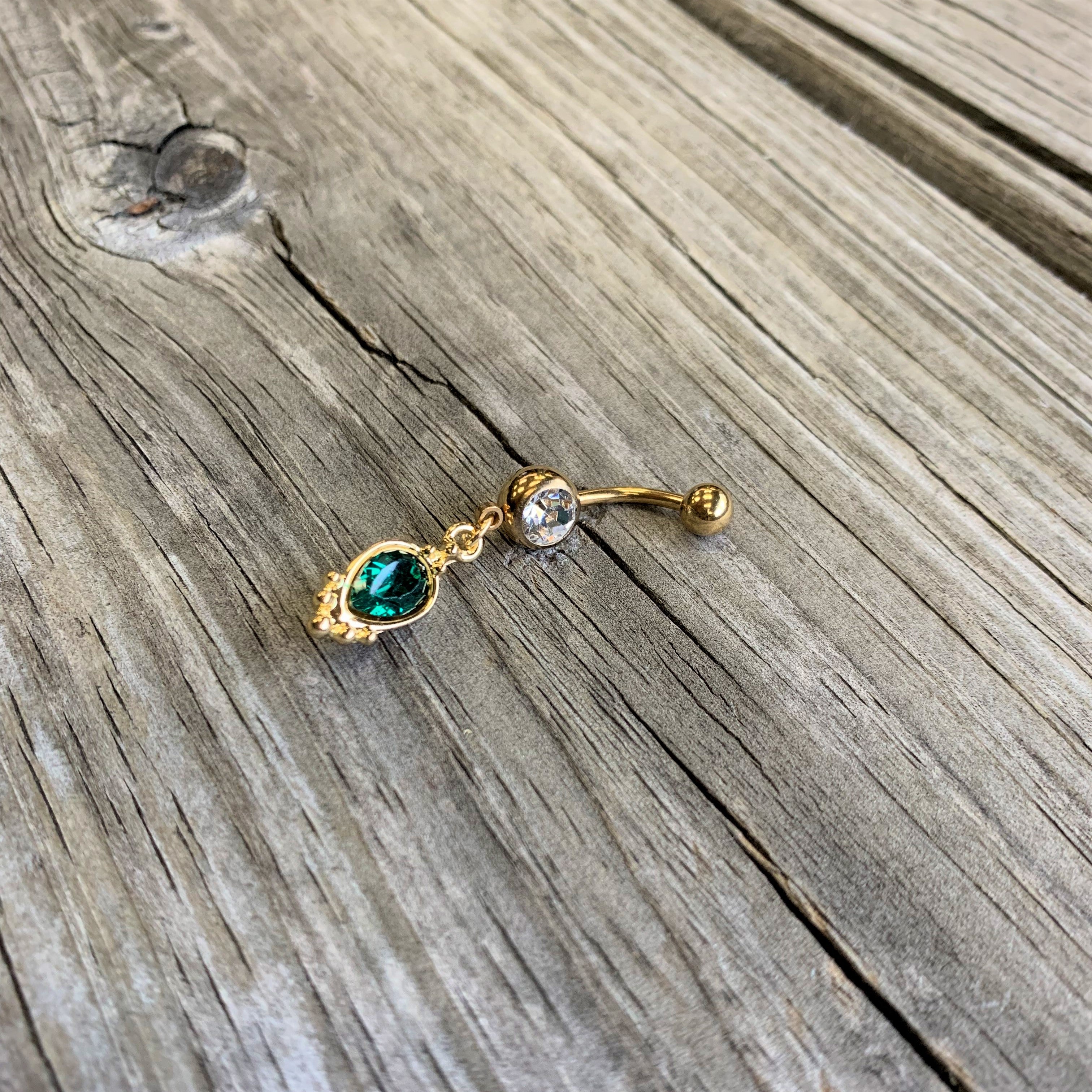 Clear Green Gem Gold Tone Christmas Dangle Belly Ring