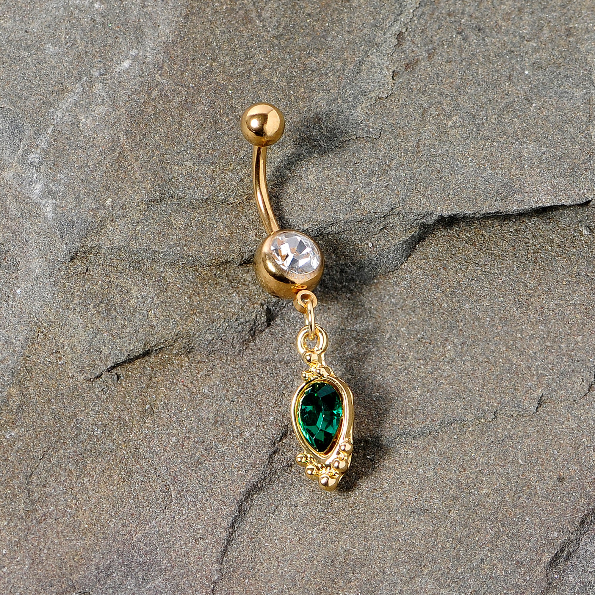 Clear Green Gem Gold Tone Christmas Dangle Belly Ring