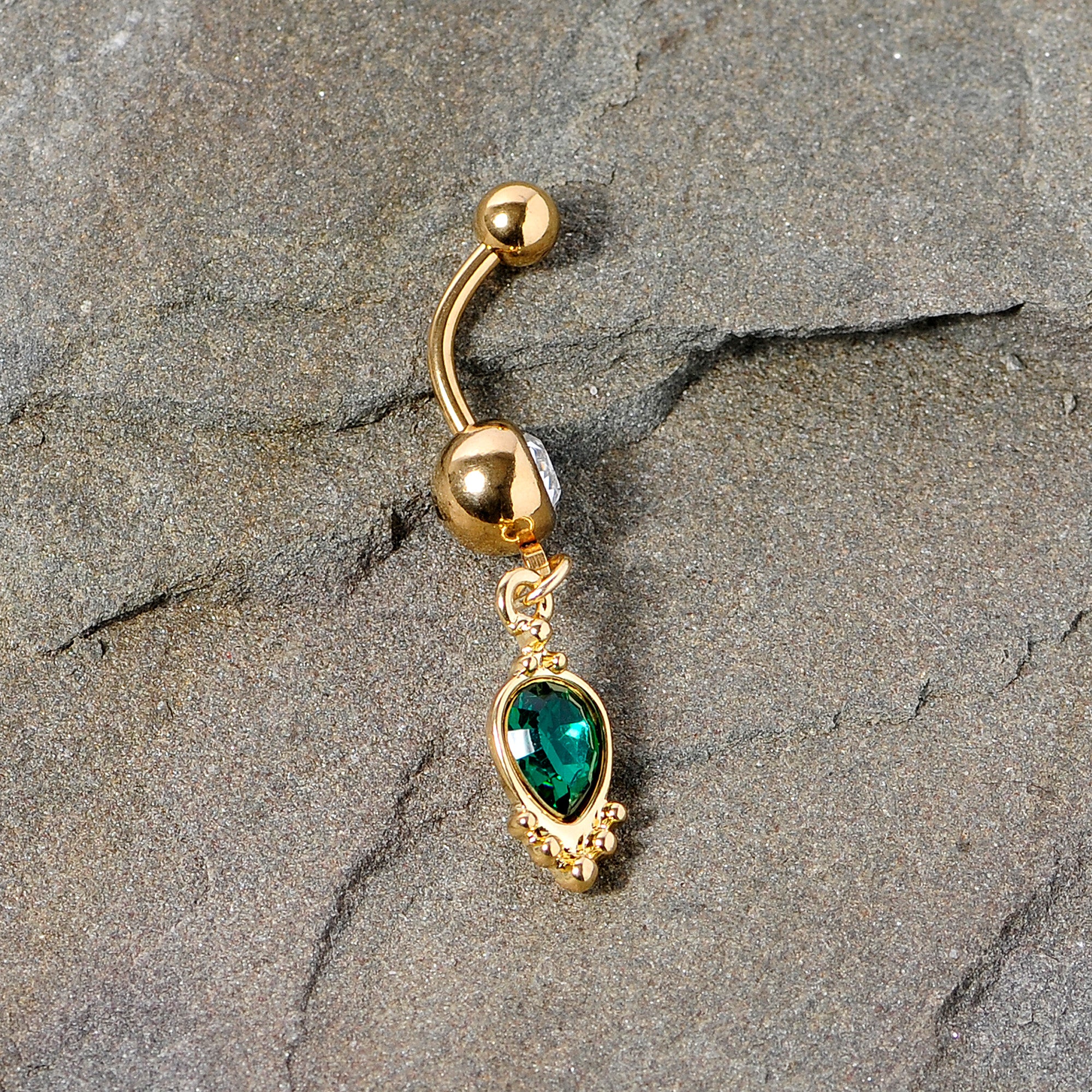 Clear Green Gem Gold Tone Christmas Dangle Belly Ring