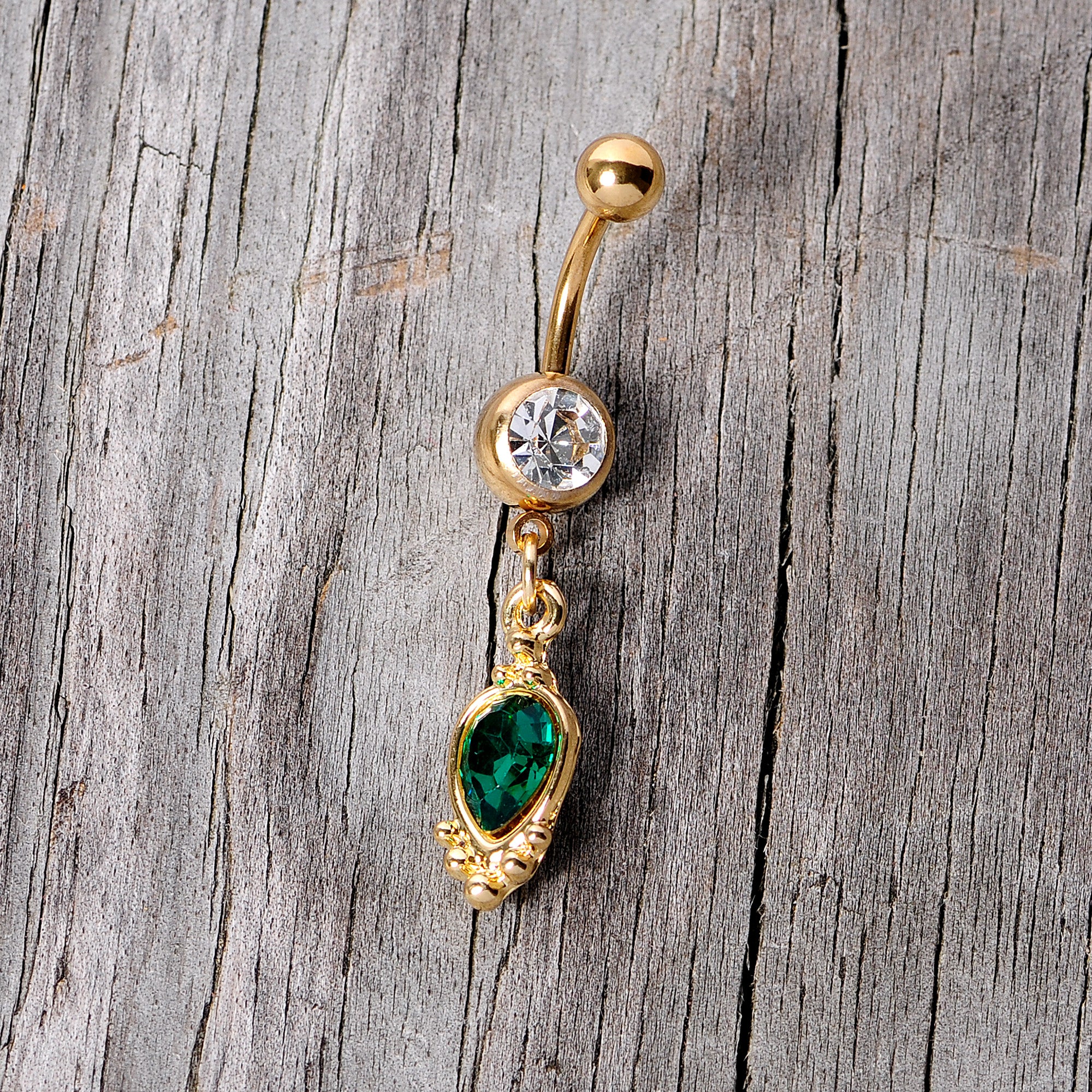 Clear Green Gem Gold Tone Christmas Dangle Belly Ring